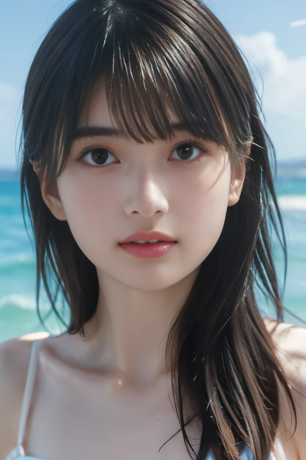 (8k, RAW photo, professional, best quality, masterpiece:1.2), (realistic, photo-realistic:1.37),  highres icon, RAW photo, stylish bikini swimsuit, (Hairstyle with bangs)