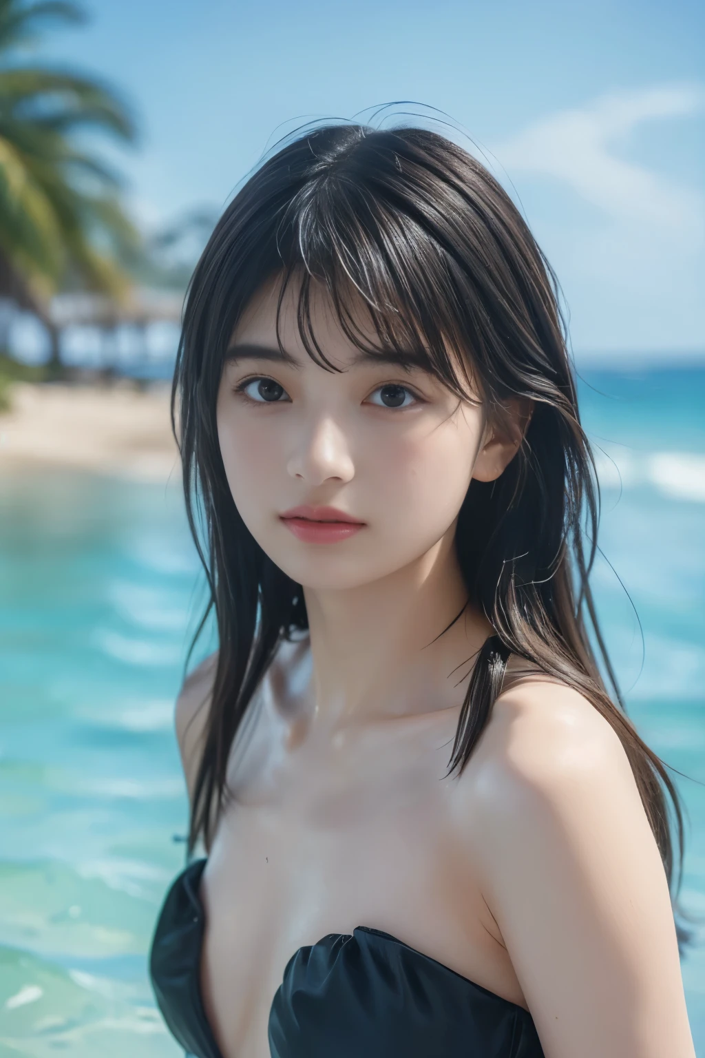 (8k, RAW photo, professional, best quality, masterpiece:1.2), (realistic, photo-realistic:1.37),  highres icon, RAW photo, stylish bikini swimsuit, (Hairstyle with bangs)