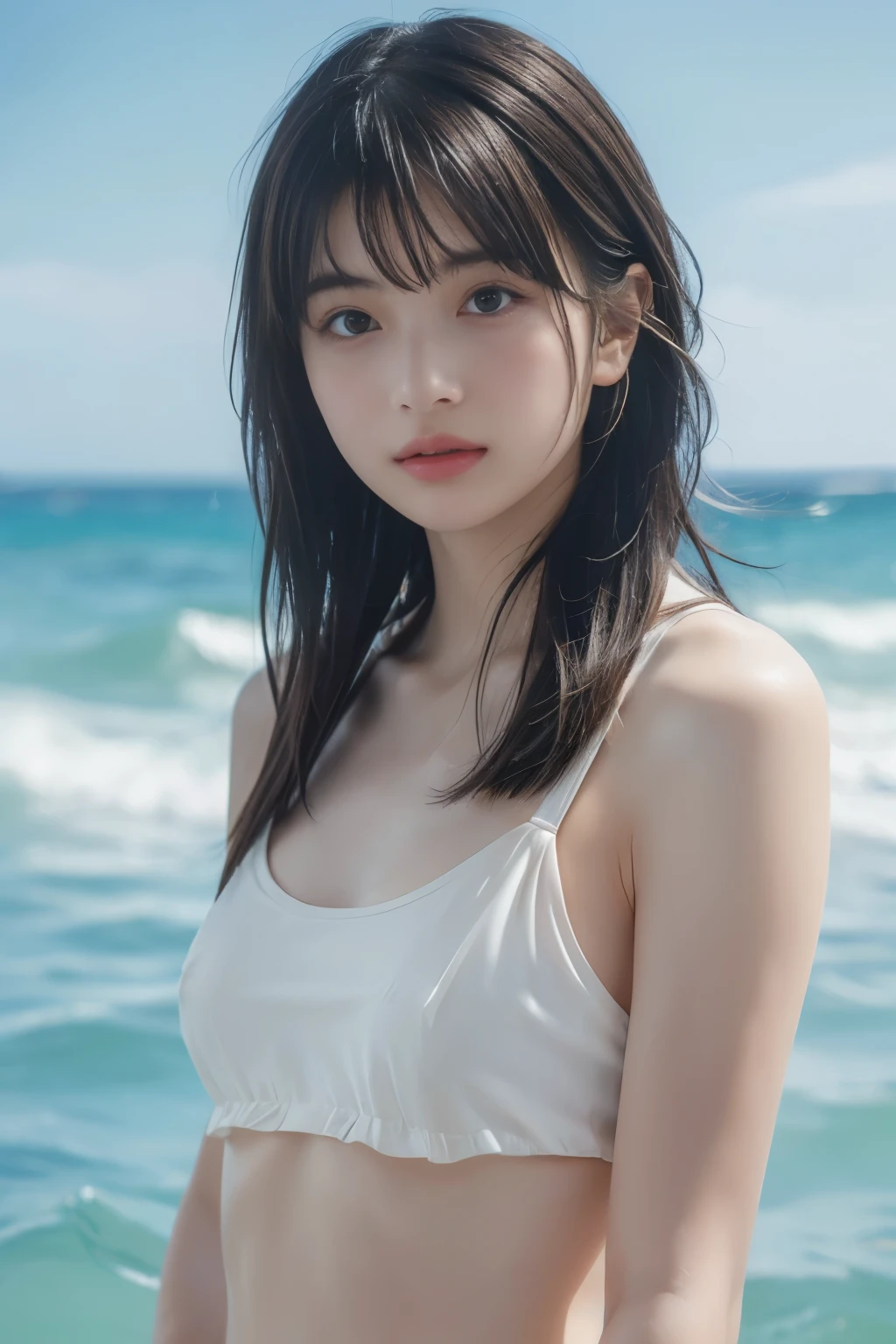 (8k, RAW photo, professional, best quality, masterpiece:1.2), (realistic, photo-realistic:1.37),  highres icon, RAW photo, stylish bikini swimsuit, (Hairstyle with bangs)