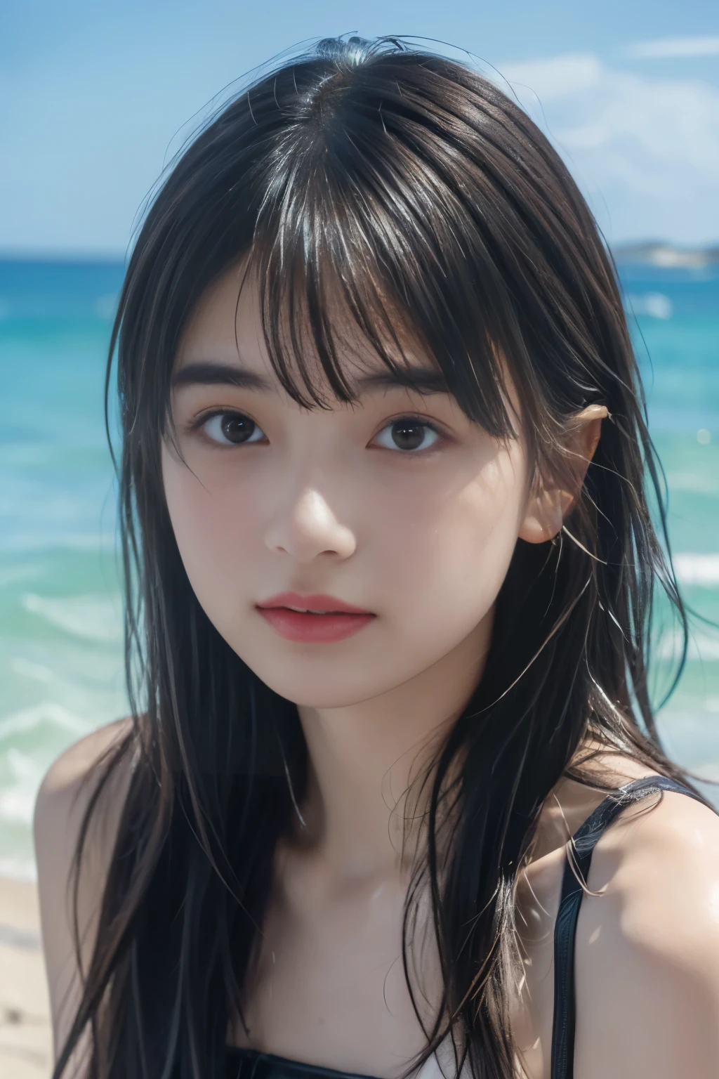 (8k, RAW photo, professional, best quality, masterpiece:1.2), (realistic, photo-realistic:1.37),  highres icon, RAW photo, stylish bikini swimsuit, (Hairstyle with bangs)