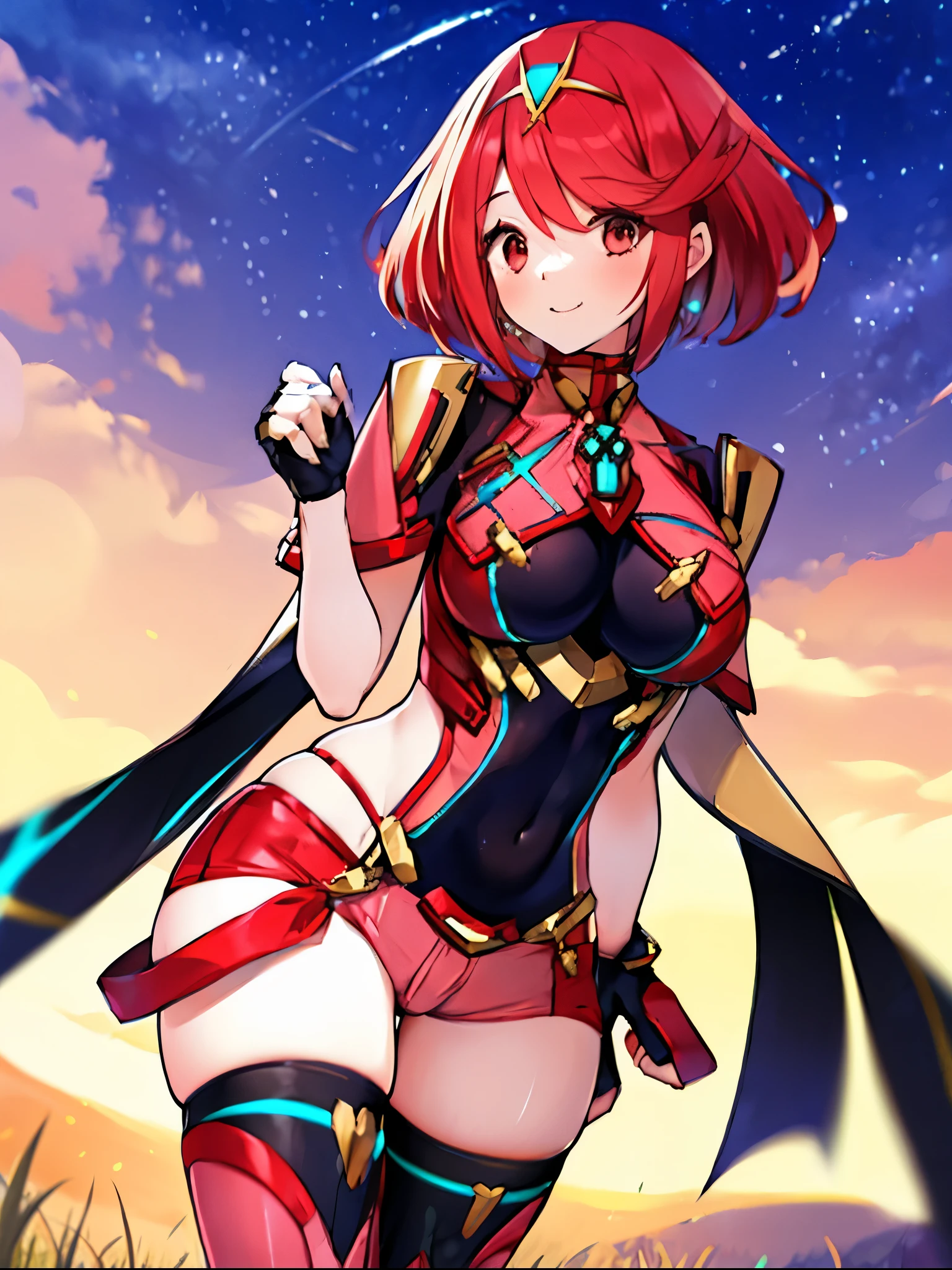pyra \(xenoblade\), young_teen_1girl, armor, bangs, black gloves, breasts, red eyes, closed mouth, earrings, eyelashes, fingerless gloves, floating hair, framed breasts, gem, gloves, hair ornament, headpiece, jewelry, big_breasts, leaning back, leotard, neon trim, official art, pose, red hair, red shorts, saitou masatsugu, short hair, short shorts, short sleeves, shorts, sidelocks, skin tight, solo, standing, swept bangs, thighhighs, tiara, night_prairie_background, turtleneck, underbust, vambraces, xenoblade chronicles \(series\), (xenoblade chronicles 2), apart_legs, fire_effect,dynamic_pose_fighting,light_smile, (plump:1.1), big_ass,huge_sword, hold_large_sword_hilt, solo, covered_nipples, covered_pussy,