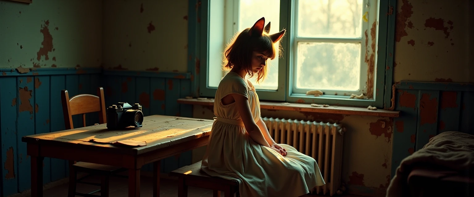 masutepiece, Best Quality, Indoors, 1girl in,Sitting, Animal ears, Komono, Blonde hair, Long hair、by the window