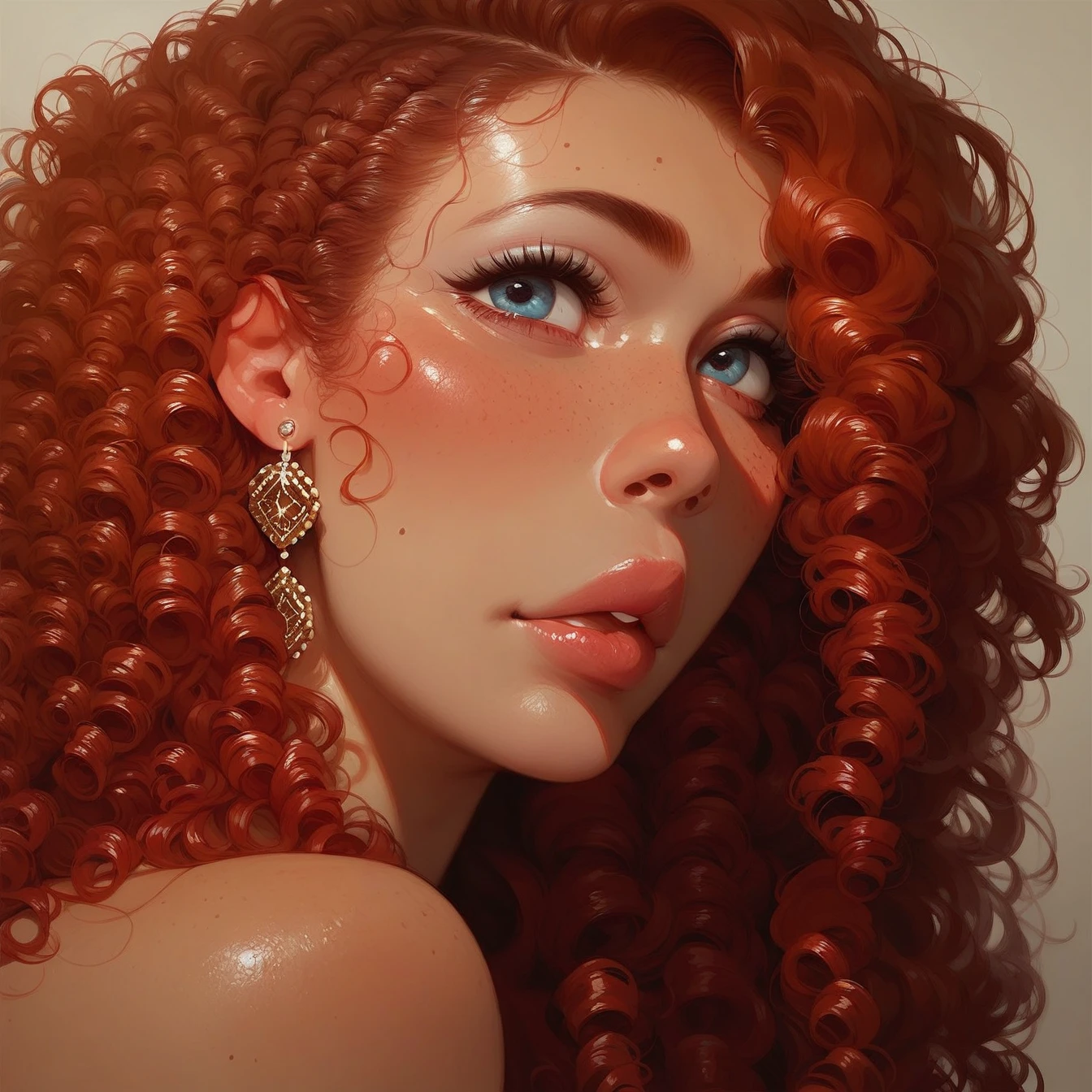 redhead woman + big, intense brown almond-shaped eyes + curly hair 3a and 3b + Brazilian+ freckles