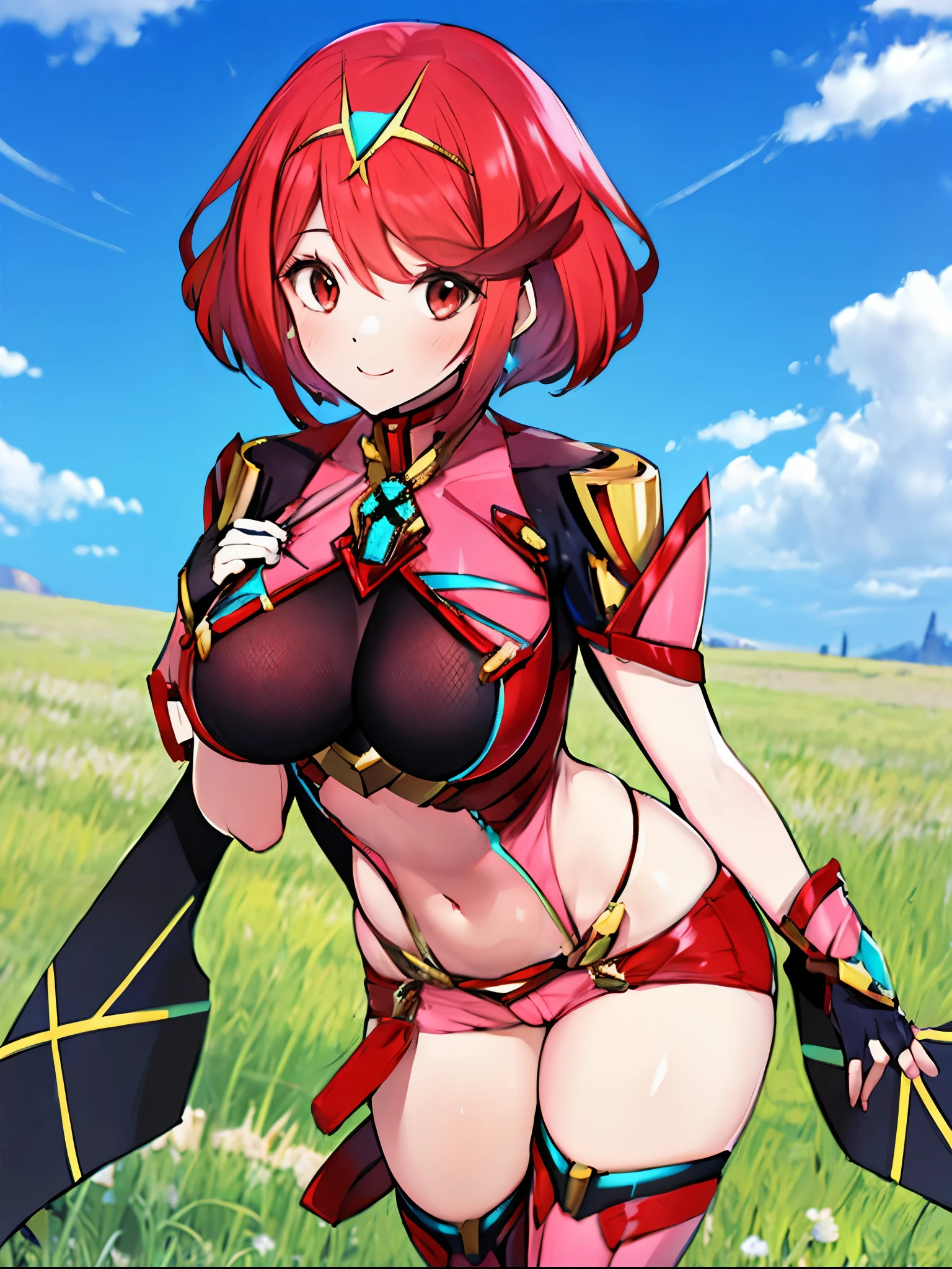 masterpiece, best quality, integrated scenery, integrated background, extremely delicate and beautiful, meticulous details, good composition, , cute face, perfect face, perfect hands, best quality, pyra \(xenoblade\), 1young_****_girl, armor, bangs, red eyes, close mouth, earrings,black_fingerless_gloves, framed_medium_breasts, jewelry, leotard, red hair, short hair, red_short_shorts, short sleeves, sidelocks, skin tight, solo, swept bangs, thighhighs, tiara, outdoor, grassland_background, underbust, vambraces, light_smile.solo, midriff,half_eyes,standing