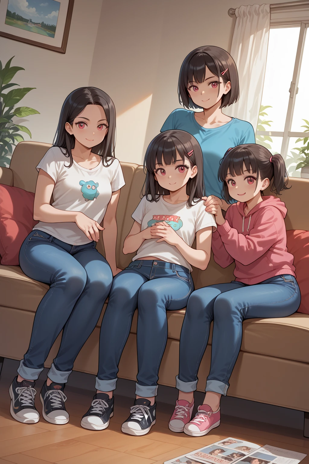 three girls sitting on a couch with their hands on their chest, monster girl, monsterification, young teen, bottom angle, cute girls, beautiful girls, lesbians, on a couch, teen girl, young girls, teen, 3 young and beautiful women, sitting on the couch, sitting on the sofa, sitting on couch, lesbian, wearing jeans, playful pose, casual pose, photo shoot