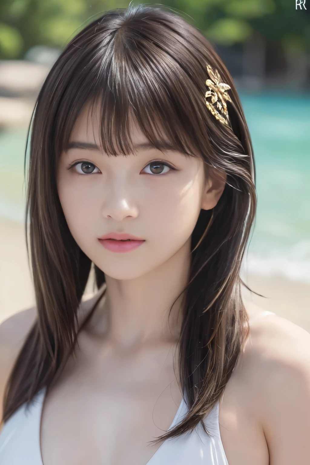 (8k, RAW photo, professional, best quality, masterpiece:1.2), (realistic, photo-realistic:1.37),  highres icon, RAW photo, stylish bikini swimsuit, (Hairstyles with bangs)