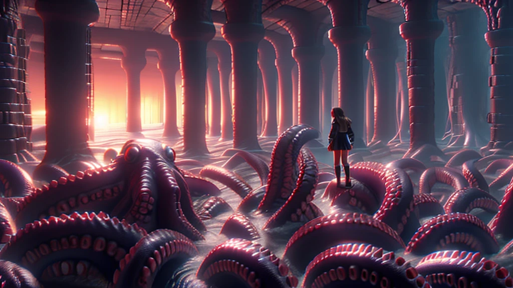 Full body shot Viewed from ground level a girl in school uniform explores the Tentacle Dungeon. Stormy Sky, Sunset,