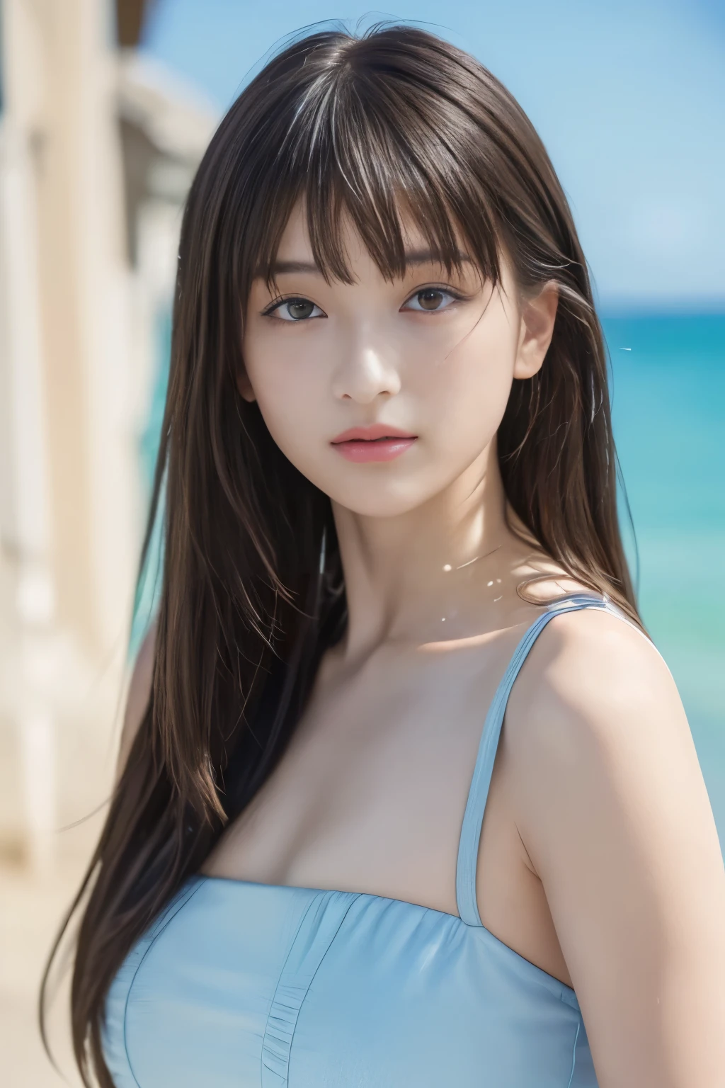 (8k, RAW photo, professional, best quality, masterpiece:1.2), (realistic, photo-realistic:1.37),  highres icon, RAW photo, stylish bikini swimsuit, (Hairstyles with bangs)