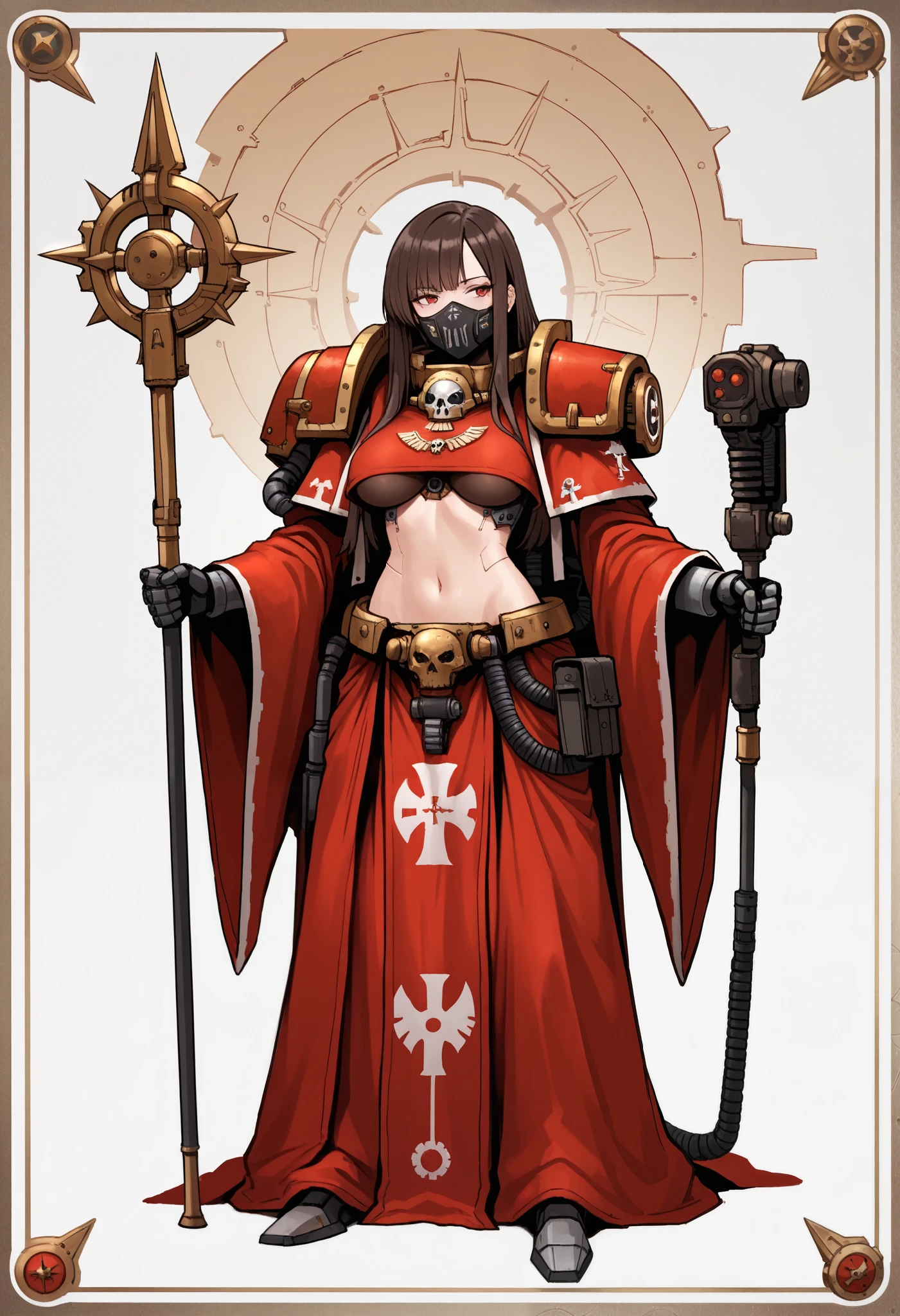 Anime, Concept art, Absurd resolution, high resolution, (masterpiece: 1.4), hyper-detail, octosoup, warhammer 40k, 1woman, admech, staff, red robe, cybernetics, long hair, brunette, cyborg, mechanical hands, boob window, midriff, lower face mask, tubes, wires, raggy clothes, cybernetic eye, adeptus mechanicus, red robe, tech priest, mechanical joints, wolf-cut hair,