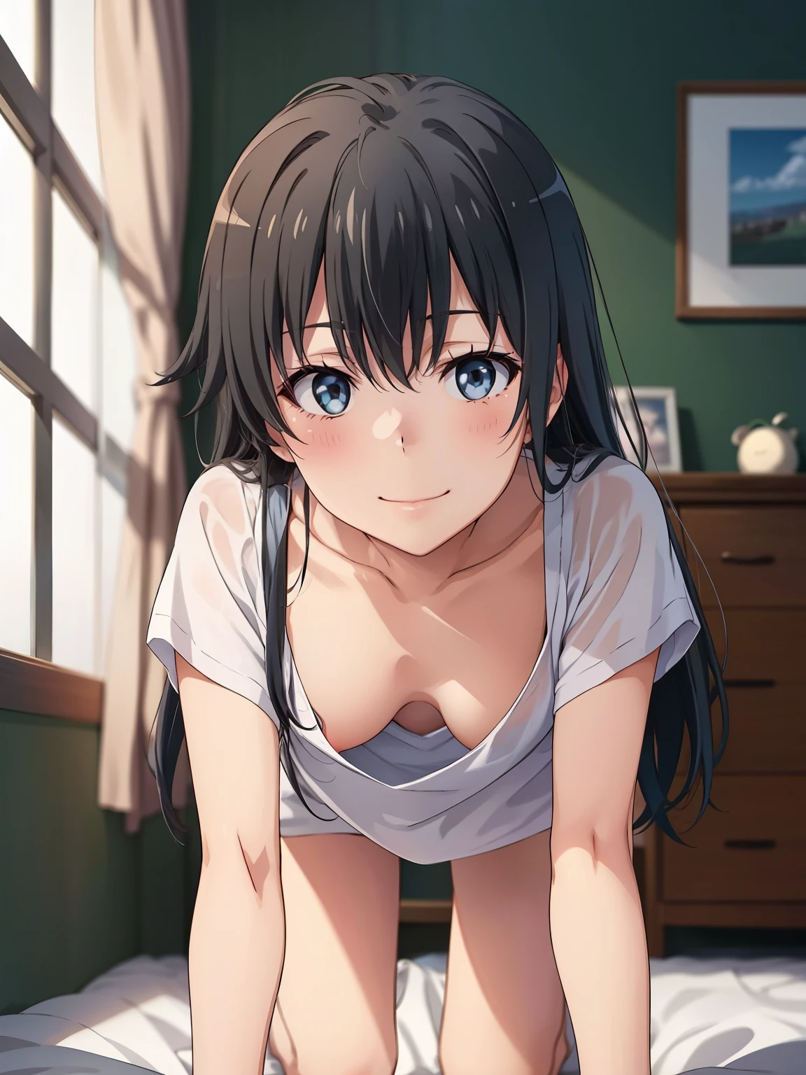 (( top quality , high res, perfect pixel, 4K)), (Beautiful anime), depth of field 、
looking at viewers,
perfect body,
yukinoshita yukino , small tits、 long hair、
downblouse、
white loose t-shirt、
bottomless、
blush、smile、
viewers,
bedroom、 on the bed、 on all fours、
Asahi、window、