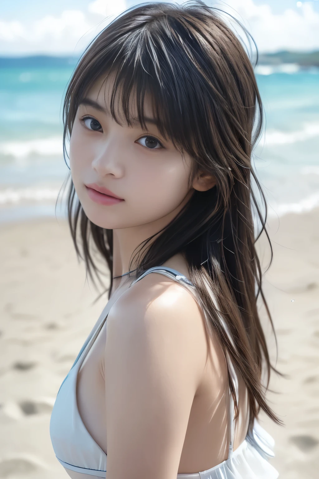 (8k, RAW photo, professional, best quality, masterpiece:1.2), (realistic, photo-realistic:1.37),  highres icon, RAW photo, stylish bikini swimsuit, (Hairstyles with bangs)