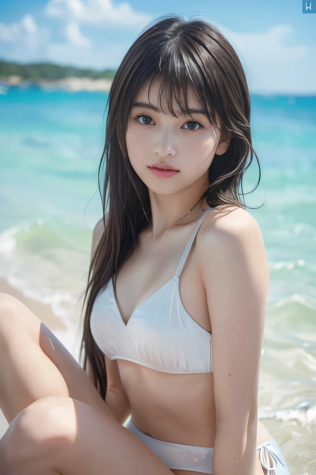 (8k, RAW photo, professional, best quality, masterpiece:1.2), (realistic, photo-realistic:1.37),  highres icon, RAW photo, stylish bikini swimsuit, (Hairstyles with bangs)