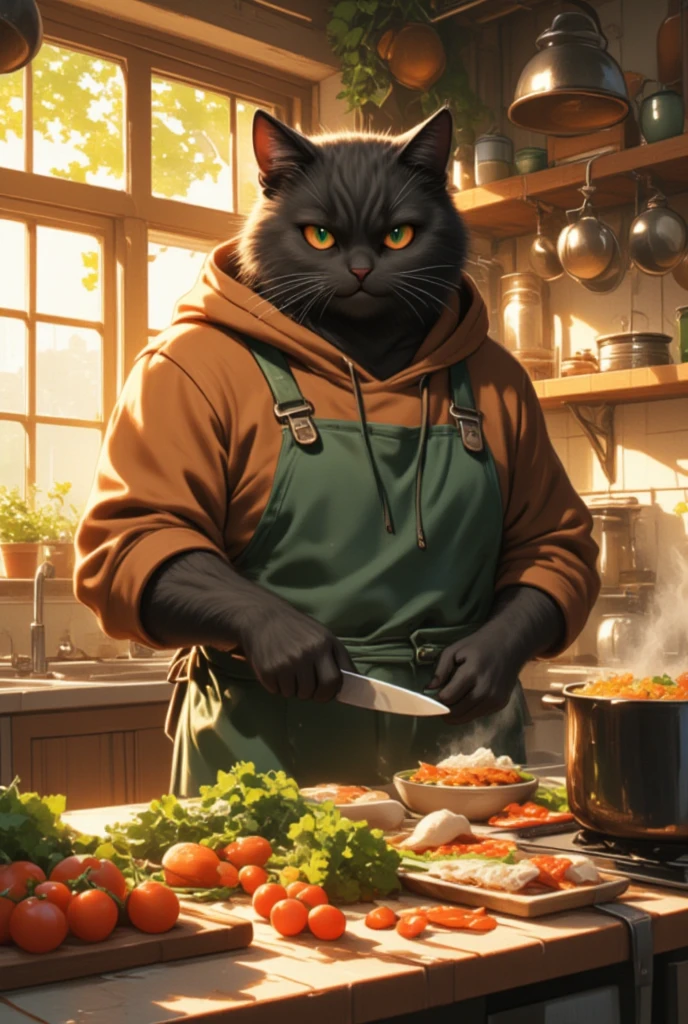 This illustration features a large male black cat with an intimidating but gentle appearance. He wears a cozy brown hoodie and a thick moss green apron. The setting is a kitchen filled with warm light. The black cat is seen chopping vegetables, with an array of colorful ingredients on the countertop. The kitchen is rustic, with a wooden table, vintage pots hanging on the walls, and a window through which golden afternoon sunlight streams. A steaming pot on the stove fills the air with an appetizing aroma. Despite his fierce appearance, the cat's movements are gentle and precise, showing his love for cooking. Small details, like a slight smile and focused eyes, convey the warmth of the scene.