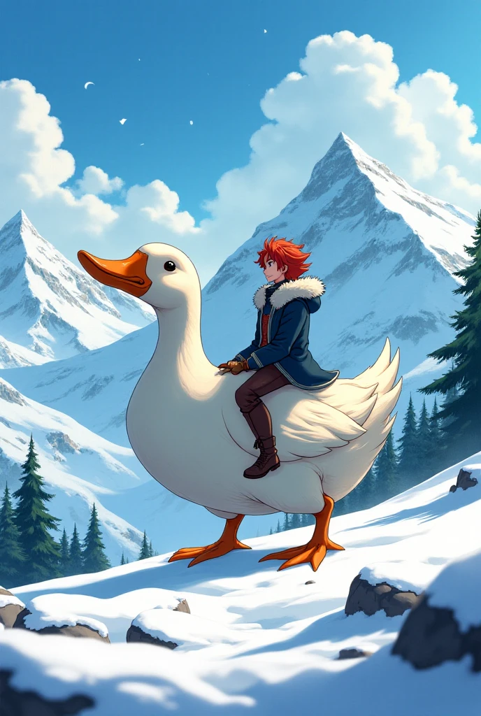 A breathtaking anime-style scene set in a snowy mountain landscape, featuring a brave adventurer riding a giant duck instead of a fox. The adventurer has fiery red hair, wearing a dark blue cloak with fur trimming for warmth. His posture is confident, as he looks out into the vast, snow-covered mountain range. The giant duck beneath him is majestic, with sleek white feathers tinged with a soft golden hue and a proud, upright stance. The duck's large orange bill and webbed feet add a whimsical yet noble element to the composition.
The background showcases towering snow-capped peaks, under a bright blue sky scattered with fluffy white clouds. The sunlight reflects off the snow, creating a dazzling and crisp atmosphere. The mountain slopes are dotted with dark green pines, adding depth to the scene. The overall mood is adventurous and serene, with the juxtaposition of the majestic adventurer and the quirky, oversized duck creating a unique and memorable visual.
