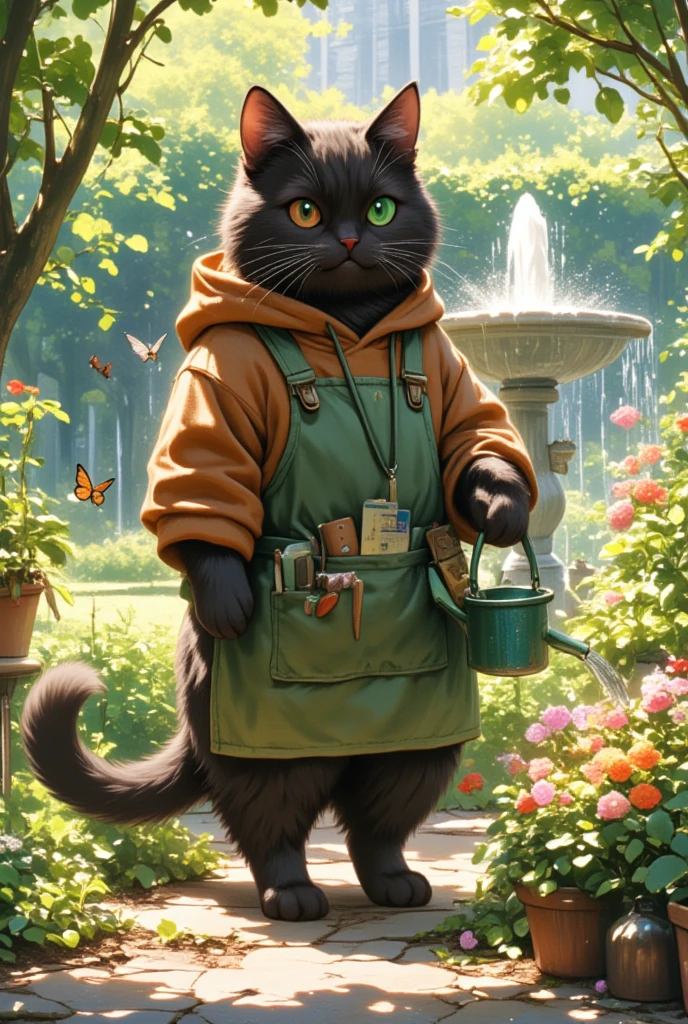 Visualize an illustration featuring a large black cat tending to a lush, enchanting garden, which serves as its peaceful afternoon retreat. Despite its initially stern gaze, the cat exudes tenderness through its careful handling of delicate flowers. Dressed in a comfortable brown hoodie and thick moss green apron, its paws are lightly dusted with soil. It gently waters a bed of vibrant, blooming flowers, ensuring each plant receives just the right amount of care. The apron's pockets bulge slightly with gardening tools and packets of seeds. Sunlight filters through the tree branches above, creating a dappling effect on the ground. Birds flit nearby, singing softly as butterflies dance among the blossoms. The garden is a sanctuary, where a cascading fountain creates a serene ambience. The illustration captures the tranquility and warmth of an afternoon spent lovingly tending a flourishing garden, highlighting the nurturing side of this majestic feline.