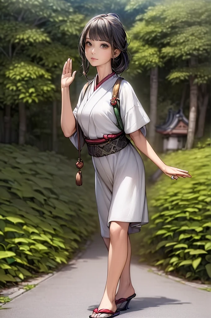 (masterpiece:1.3), (8K, Realistic, extremely detailed, Best image quality: 1.4), extremely detailed, pretty girl with one hand raised and waving, Girl and calico cat, Calico cat walking with a girl, Very realistic cat, Detailed depiction of a cat, Old townscape of Japan, Green Road, another world, Creating Silence, 