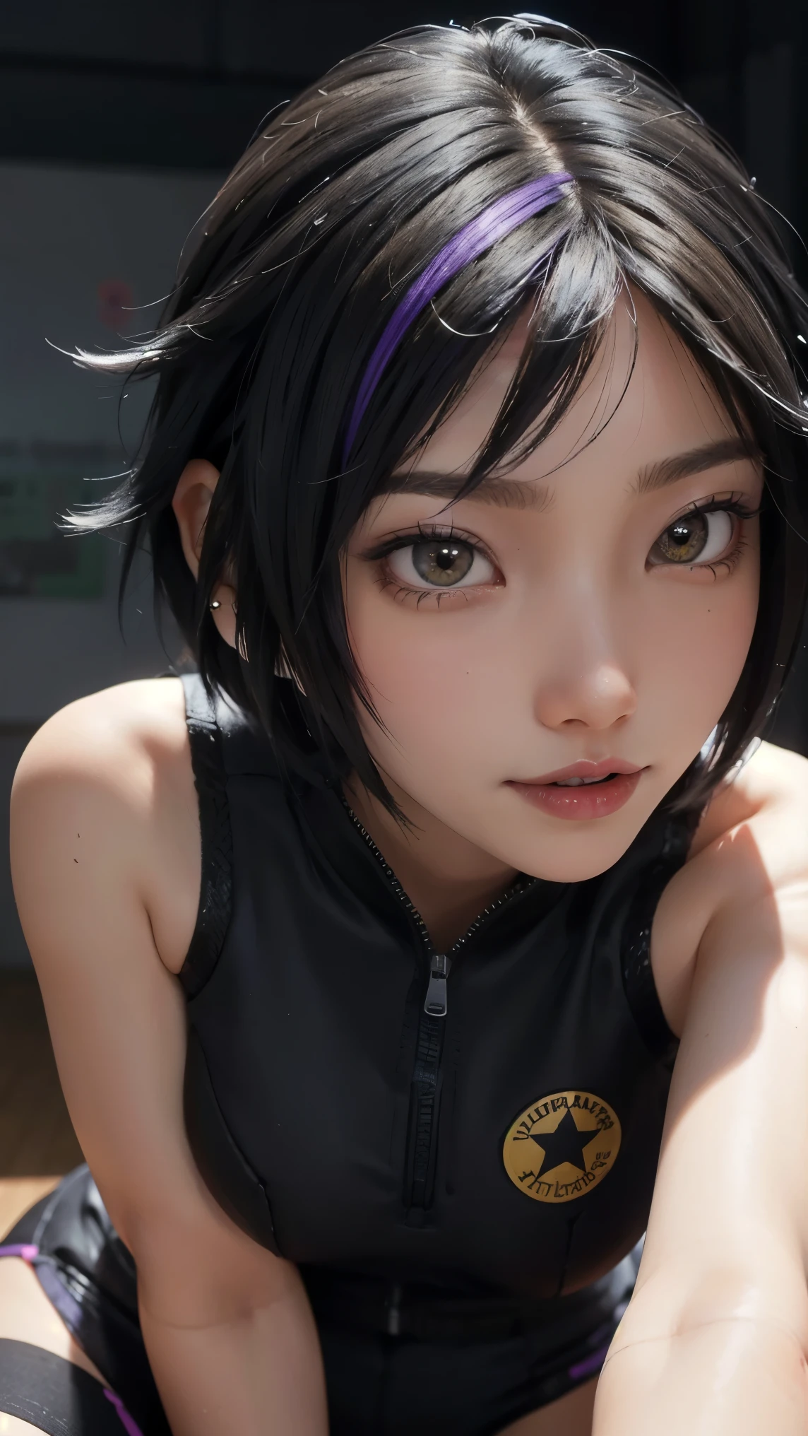 Gogo tomago,(best qualityer,4K,8k,high resolution,work of art:1.2)(weather: cloudy), Tokyo city background, river road, yellow sleeveless sport vest, elbow long fingerless gloves, tight black sport leggings with red lining, converse sneakers, punk earrings, punk embroidery, cheek mole, short wavy hair, black hair with purple highlight, ultra detailed, realistic, portrait,beautiful detailed brown eyes, glowing eyes,blush,beautiful detailed lips,extremely detailed eye and face, long eyelashes,sexy,average, medium breasts,beaming smile, sexy smile, powerful girl, sexy pose, stunning curves, bright coloured, dramatic lighting,