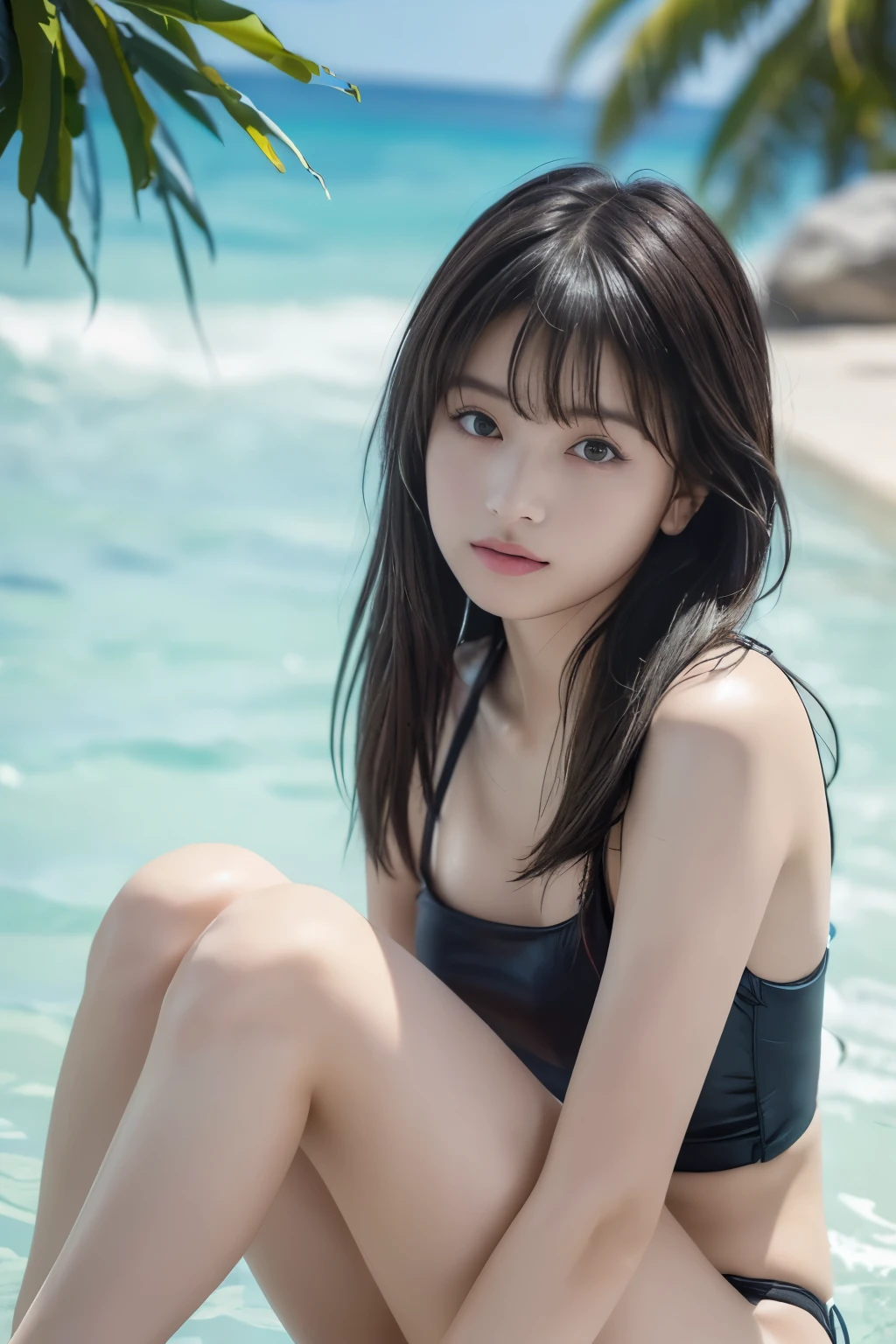 (8k, RAW photo, professional, best quality, masterpiece:1.2), (realistic, photo-realistic:1.37),  highres icon, RAW photo, stylish bikini swimsuit, (Hairstyles with bangs), Above the knees shot