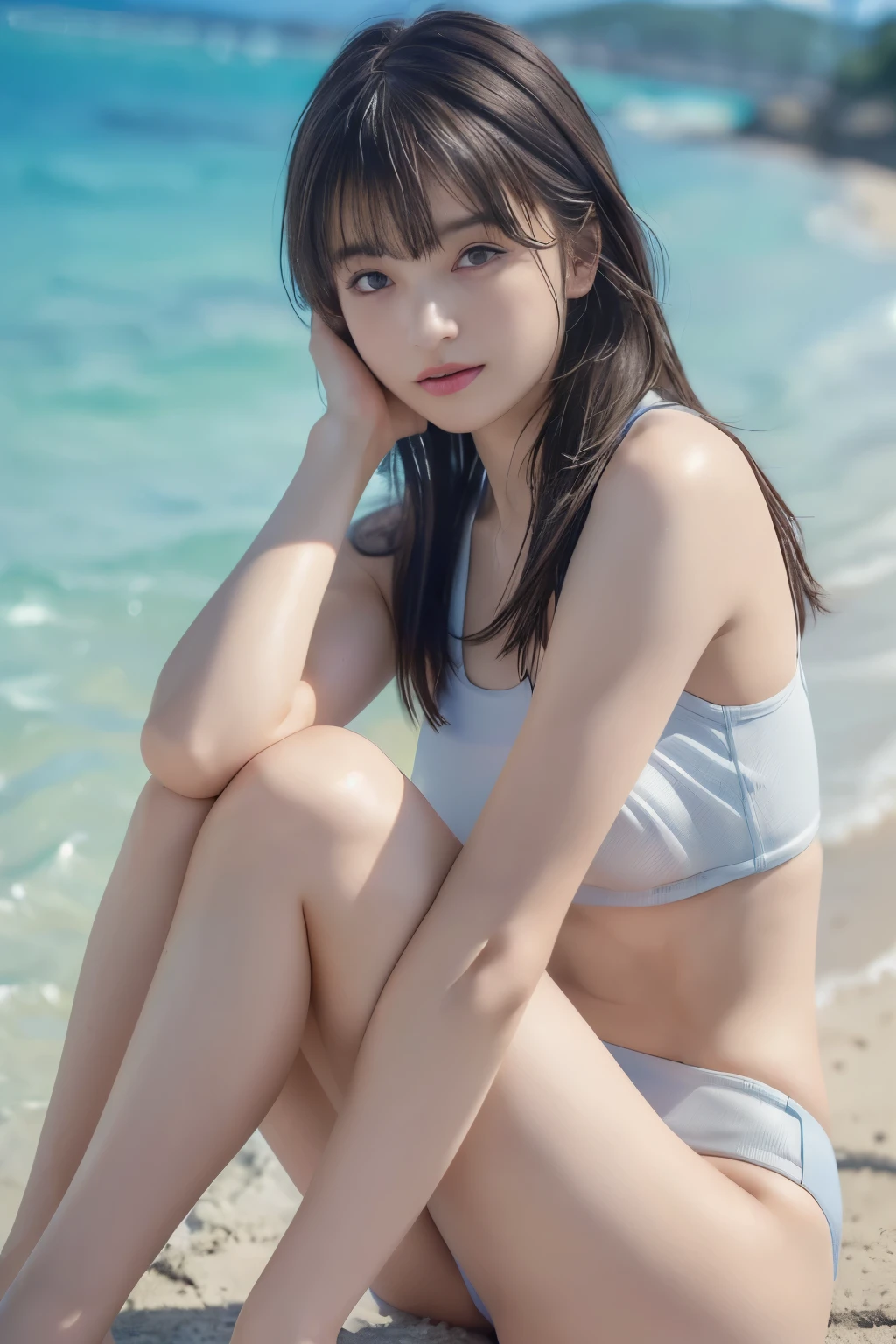 (8k, RAW photo, professional, best quality, masterpiece:1.2), (realistic, photo-realistic:1.37),  highres icon, RAW photo, stylish bikini swimsuit, (Hairstyles with bangs), Above the knees shot