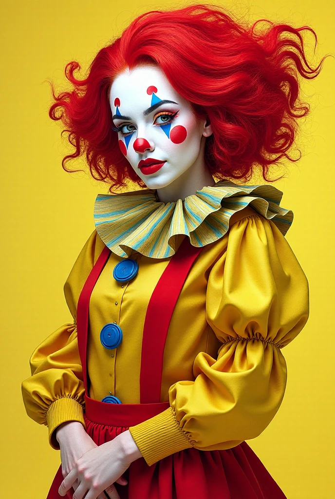 a woman dressed as a clown with red hair, in the style of magical girl, colorful moebius, light yellow and dark crimson, pencilsteampunk, kintsukuroi, loose and fluid, stylish costume design --ar 68:128 --stylize 750 --v 5.2