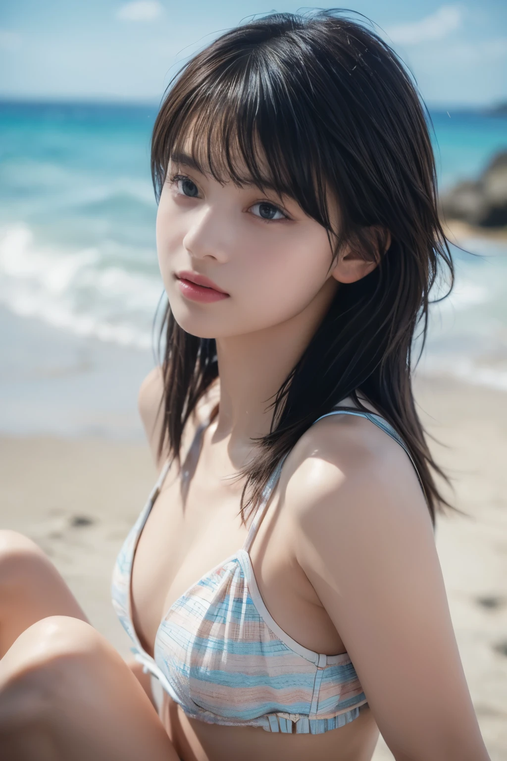 (8k, RAW photo, professional, best quality, masterpiece:1.2), (realistic, photo-realistic:1.37),  highres icon, RAW photo, stylish bikini swimsuit, (Hairstyles with bangs)