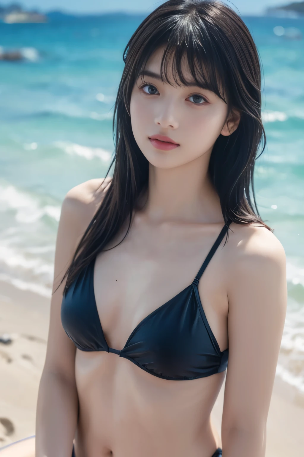 (8k, RAW photo, professional, best quality, masterpiece:1.2), (realistic, photo-realistic:1.37),  highres icon, RAW photo, stylish bikini swimsuit, (Hairstyles with bangs)