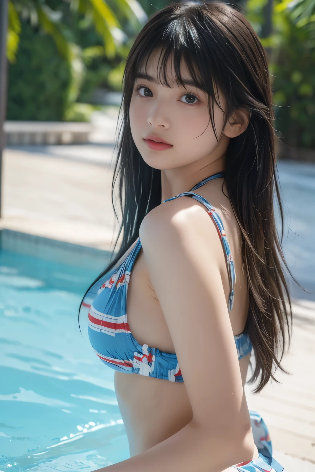 (8k, RAW photo, professional, best quality, masterpiece:1.2), (realistic, photo-realistic:1.37),  highres icon, RAW photo, stylish bikini swimsuit, (Hairstyles with bangs)