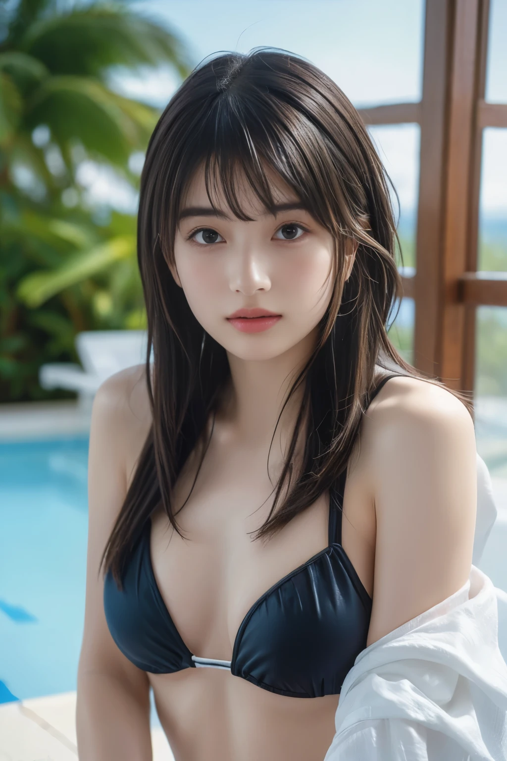 (8k, RAW photo, professional, best quality, masterpiece:1.2), (realistic, photo-realistic:1.37),  highres icon, RAW photo, stylish bikini swimsuit, (Hairstyles with bangs)