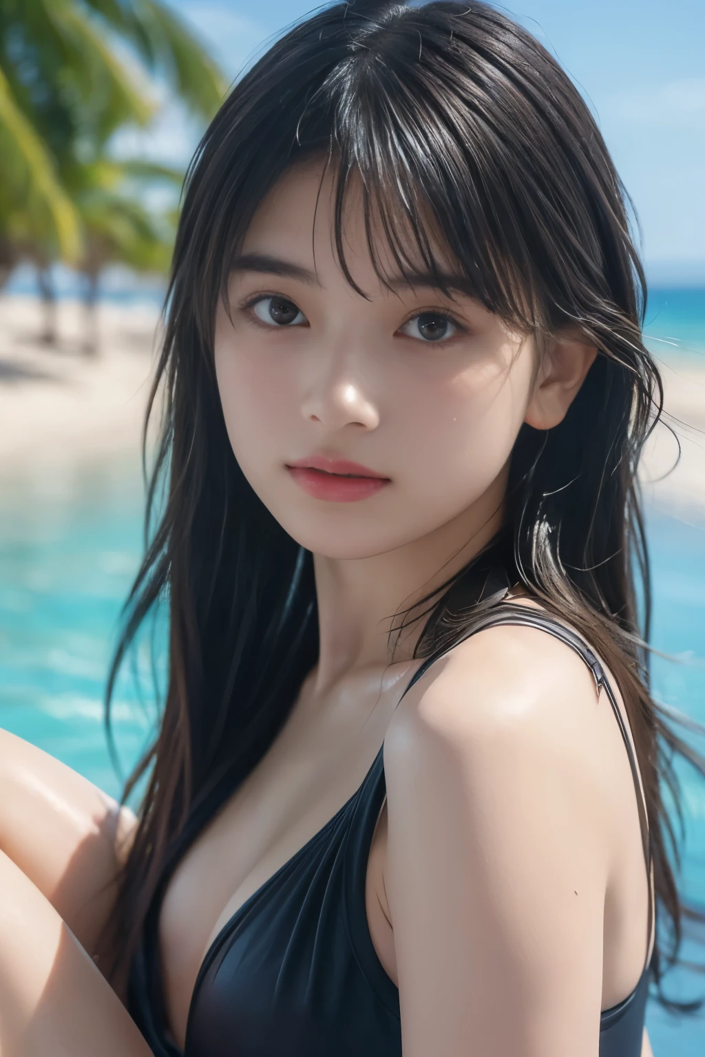 (8k, RAW photo, professional, best quality, masterpiece:1.2), (realistic, photo-realistic:1.37),  highres icon, RAW photo, stylish bikini swimsuit, (Hairstyles with bangs)