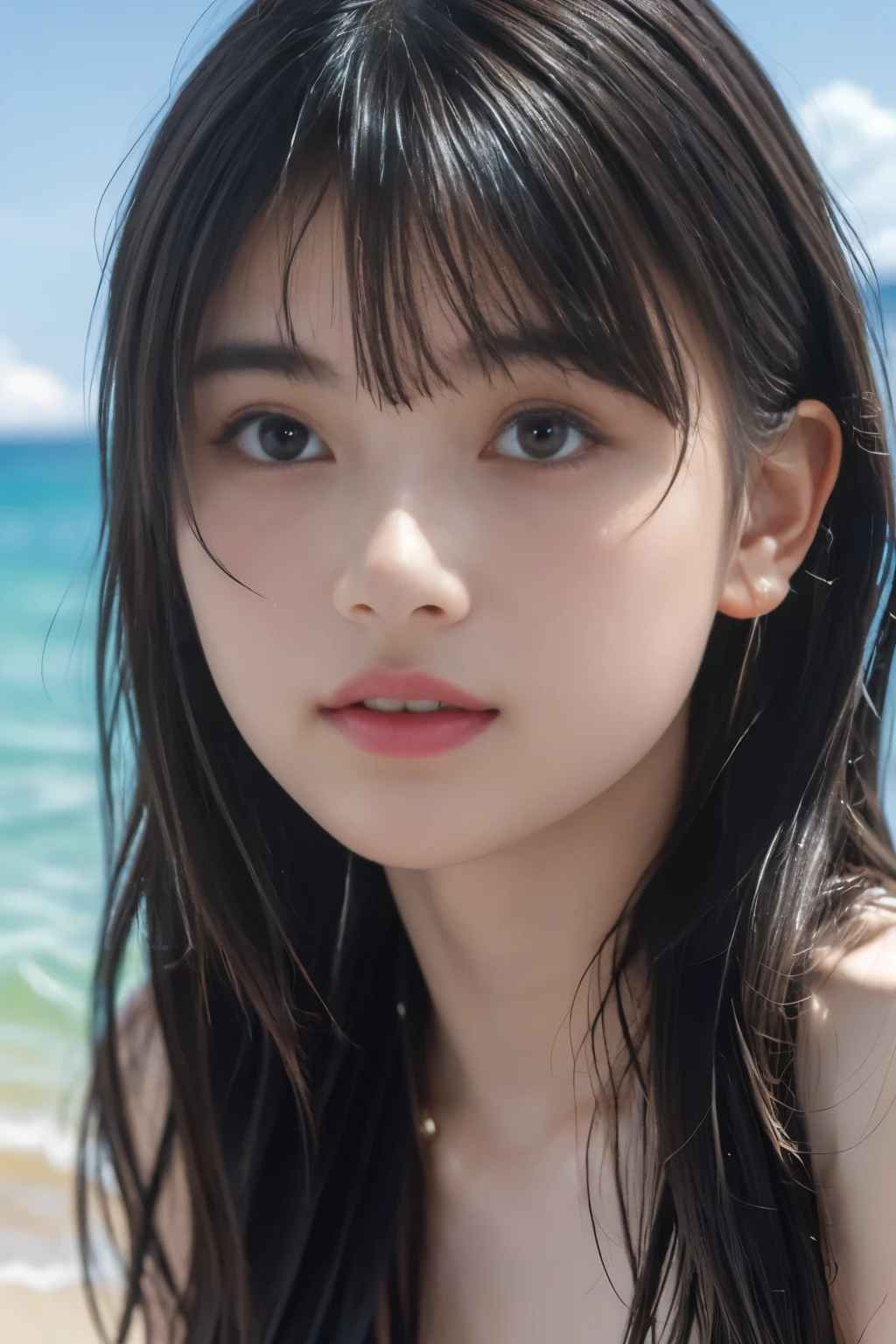 (8k, RAW photo, professional, best quality, masterpiece:1.2), (realistic, photo-realistic:1.37),  highres icon, RAW photo, stylish bikini swimsuit, (Hairstyles with bangs)