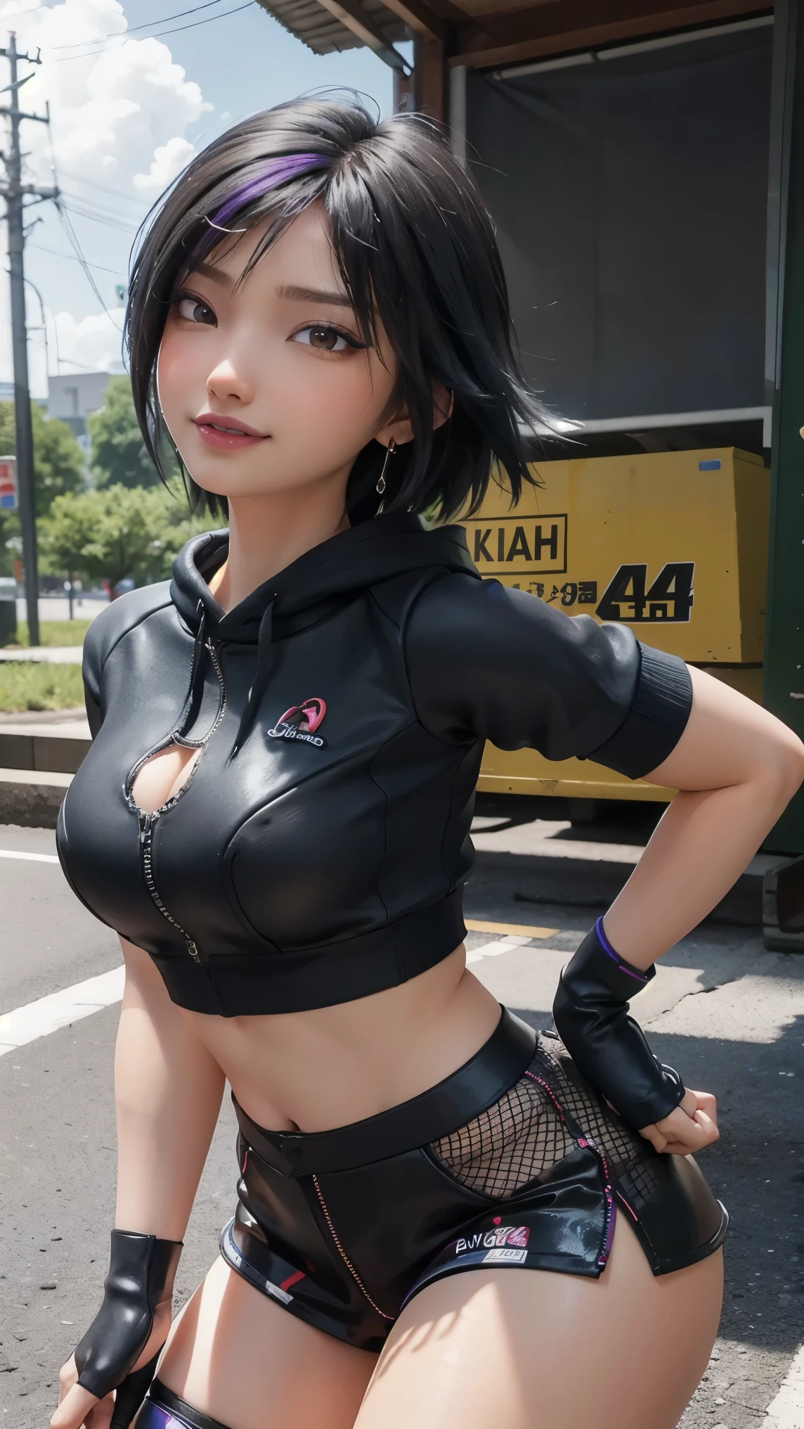 Gogo tomago,(best qualityer,4K,8k,high resolution,work of art:1.2)(weather: cloudy), Tokyo city background, river pathway, sleeveless sport hoodie, fishnet sleeves, black fingerless gloves, pleated mini skirt, fishnet stockings, converse sneakers, punk earrings, punk embroidery, cheek mole, short wavy hair, black hair with purple highlight, ultra detailed, realistic, portrait,beautiful detailed brown eyes, glowing eyes,blush,beautiful detailed lips,extremely detailed eye and face, long eyelashes,sexy,average, medium breasts,beaming smile, sexy smile, powerful girl, sexy pose, stunning curves, bright coloured, dramatic lighting,