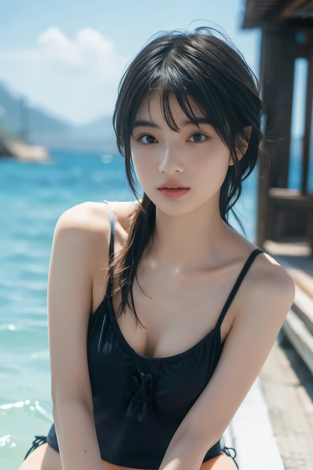 (8k, RAW photo, professional, best quality, masterpiece:1.2), (realistic, photo-realistic:1.37),  highres icon, RAW photo, stylish bikini swimsuit, (Hairstyles with bangs)