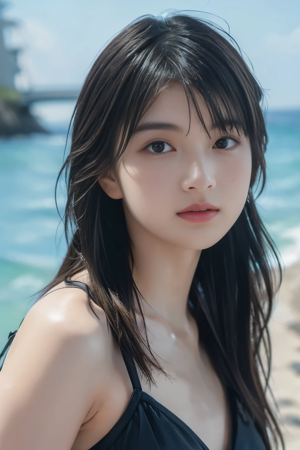 (8k, RAW photo, professional, best quality, masterpiece:1.2), (realistic, photo-realistic:1.37),  highres icon, RAW photo, stylish bikini swimsuit, (Hairstyles with bangs)