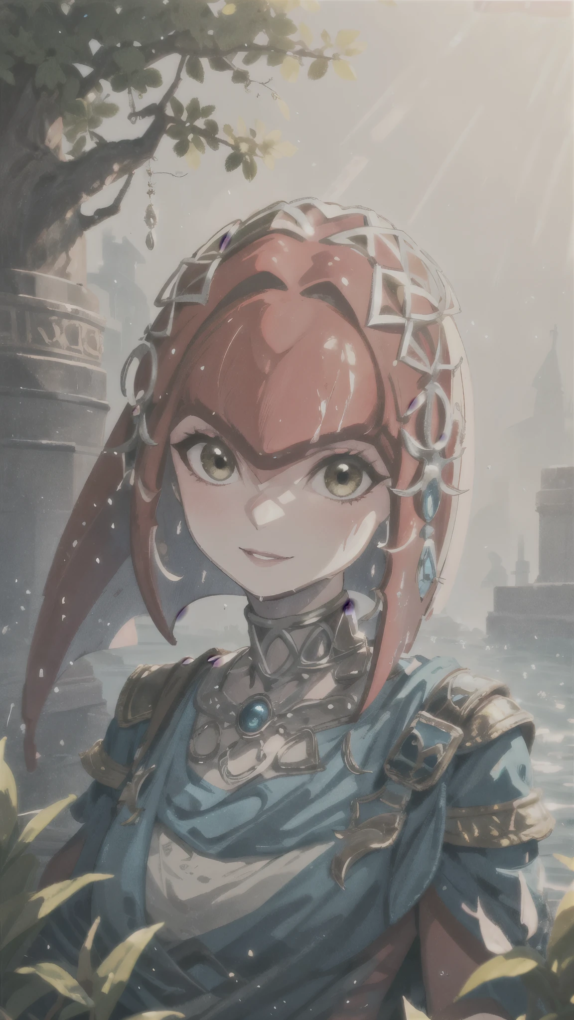  1 girl,Alone,Mipha, watching viewers,Holding Master Sod、 bright lighting , gentle smile, Flapping clothes  ,water, wet, face up to hairstyle,botw