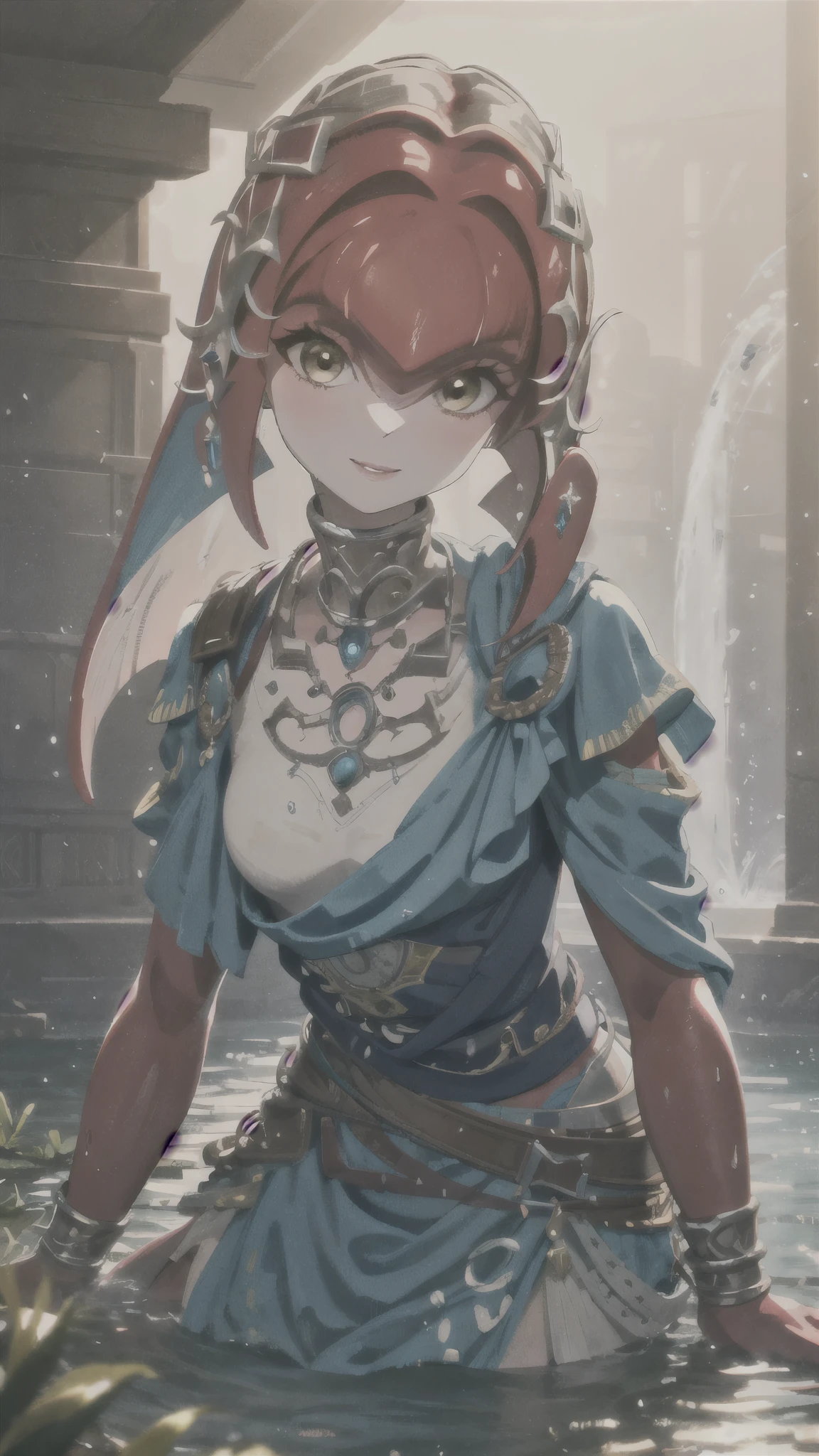  1 girl,Alone,Mipha, watching viewers,Holding Master Sod、 bright lighting , gentle smile, Flapping clothes  ,water, wet, face up to hairstyle,botw