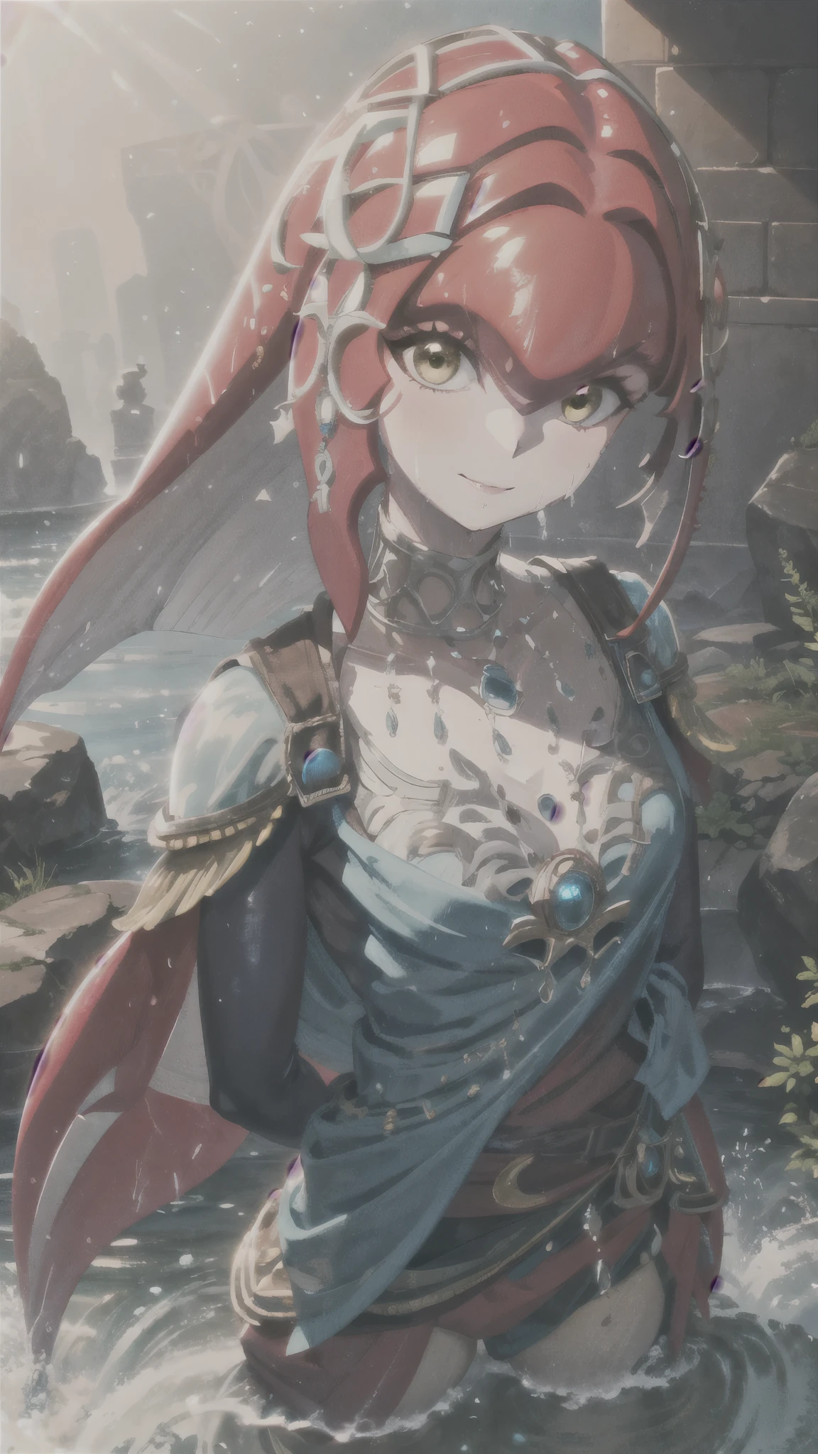  1 girl,Alone,Mipha, watching viewers、waterの螺旋が体を守っている、 bright lighting , gentle smile, Flapping clothes  ,water, wet, face up to hairstyle,botw