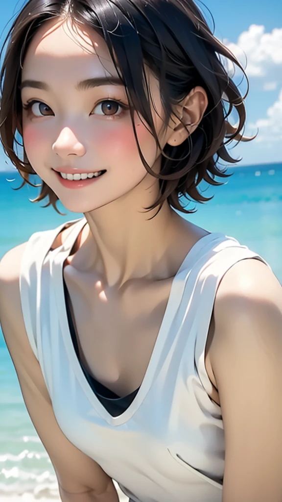 Top quality, realistic, Japanese, female, cute, orange eyes, short hair, black hair, all back, forehead exposed, ocean, midsummer, strong sunlight, sweaty orange tank top, joy , grin, face close-up, small breasts, slender,(Enhances the beauty of skin texture:1.1),((Extremely precise and accurate anatomy:1.0)),Kind eyes,Graceful pose,(Beauty of form:1.4) Golden ratio, big eye,(nature's providence:1.4),