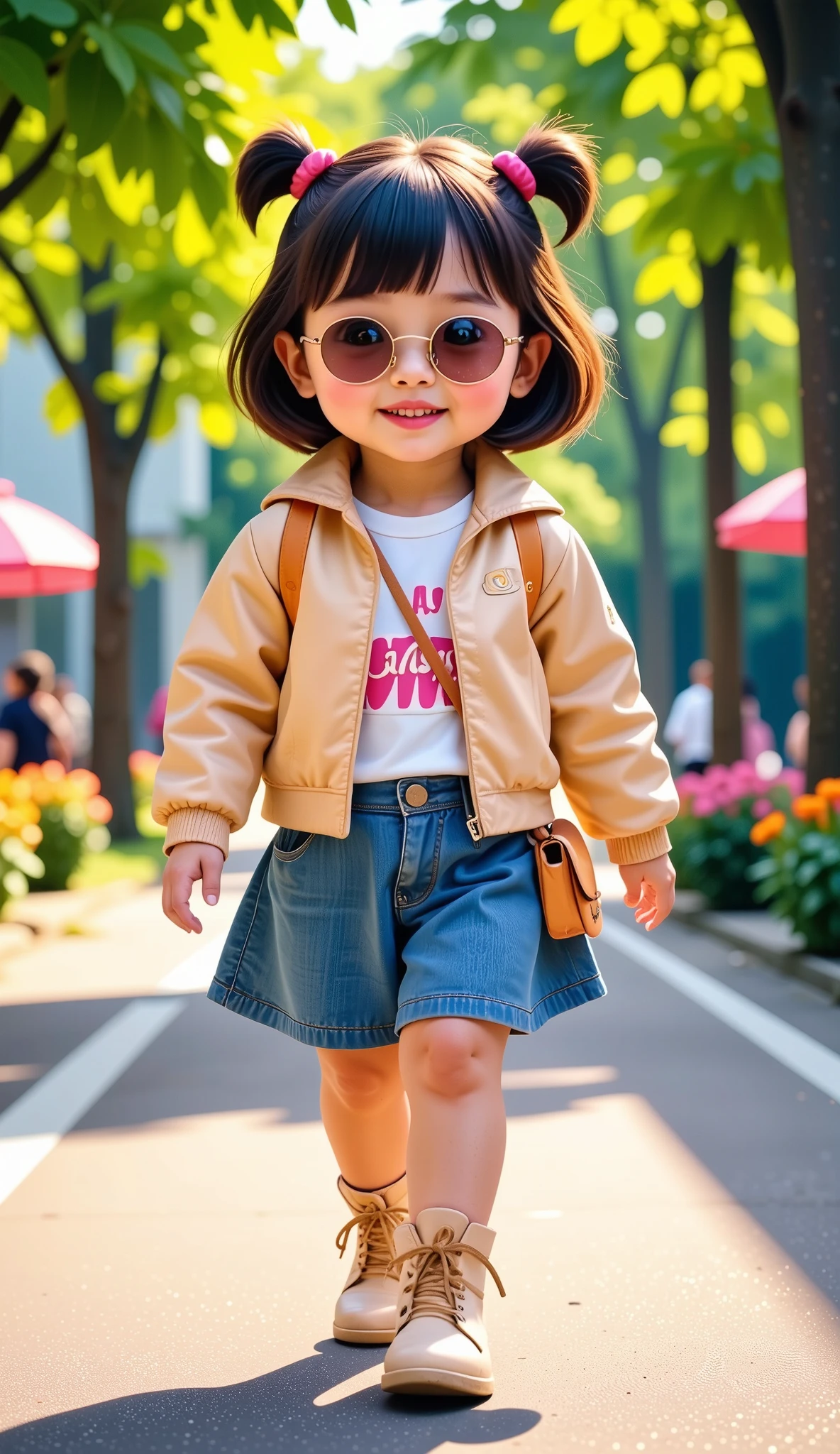 "Ultra-realistic 3D image of a cute  South Korean **** girl, dressed in trendy K-pop-inspired clothing, featuring a stylish crop jacket, pleated skirt, and ankle boots. She’s wearing fashionable sunglasses and confidently walking through a vibrant park. Her outfit includes bold colors and shimmering details that exude modern pop star vibes, complete with playful accessories like a mini crossbody bag. The background shows a sunny park scene with green trees, colorful flowers, and a lively atmosphere. The **** girl’s radiant smile and confident pose steal the spotlight, captured in stunning 8K resolution."
