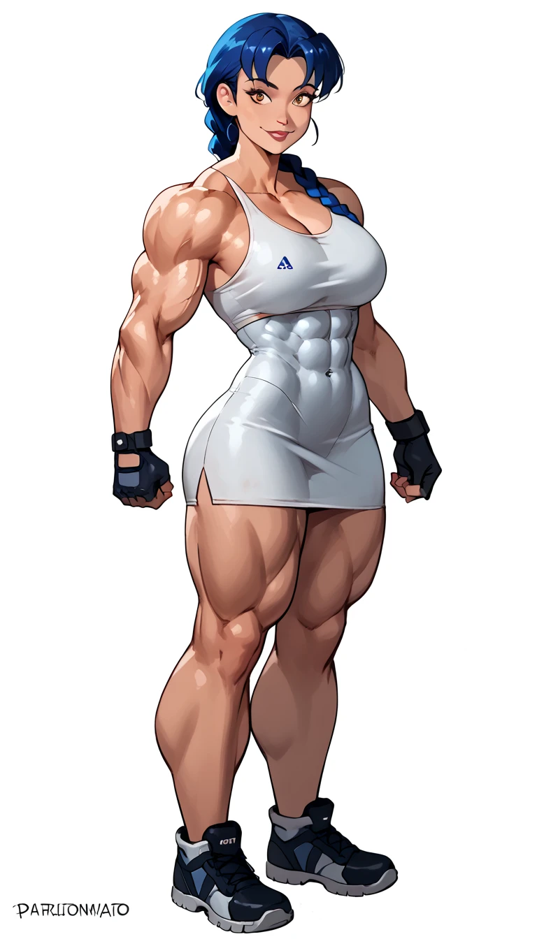 fullbody view, hypermuscular 19 yo ((russian)) woman, rich elitist girl, massive bulky (extremely muscular: 1.5), breathtakingly beautiful muscle woman, long thick braid, steel-hard hypermuscular body, haughty arrogant proud, muscular powerful bodybuilder physique, perfect flawless musculature, wearing glamorous minidress, muscular thick arms