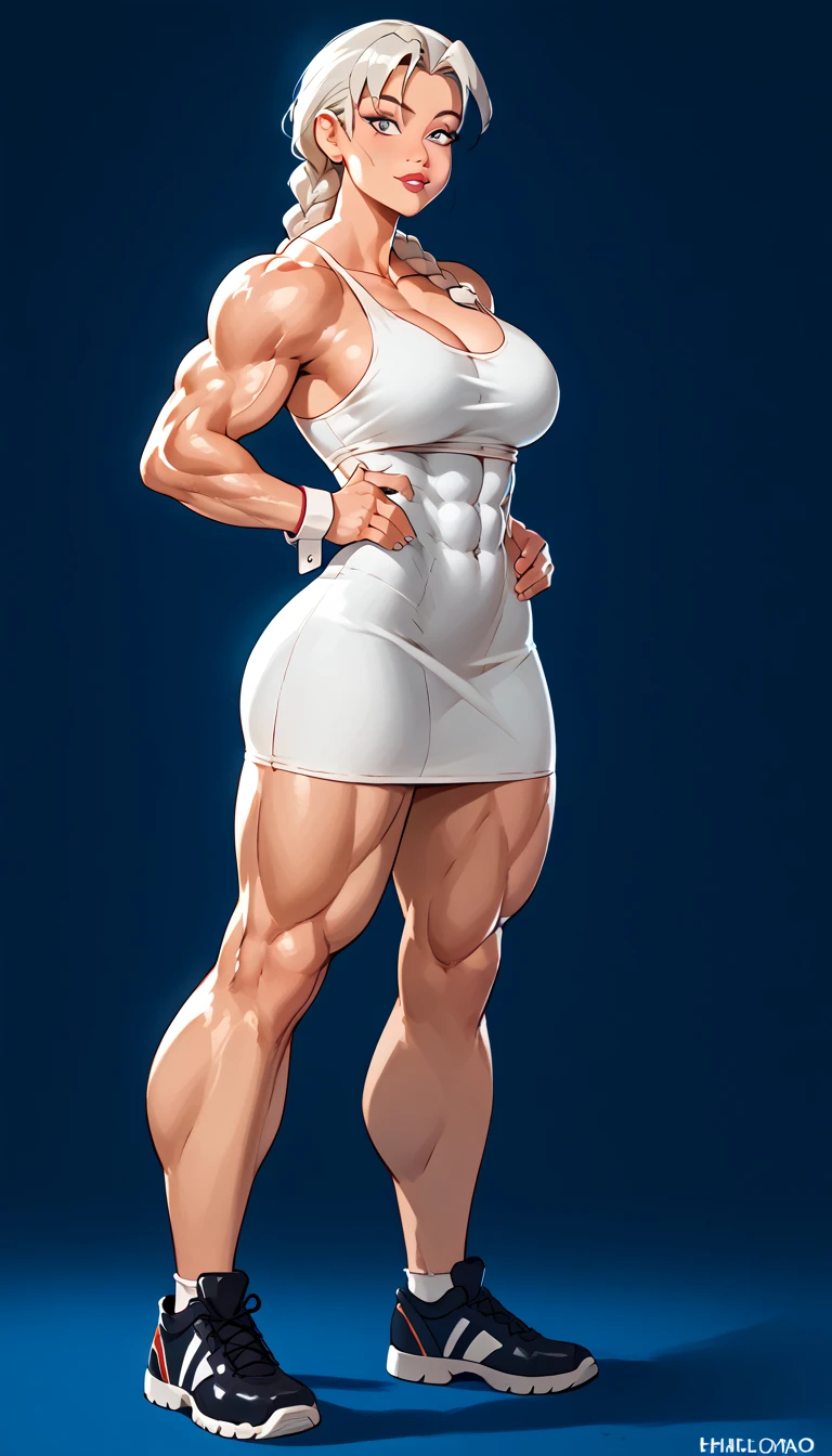 fullbody view, hypermuscular 19 yo ((russian)) woman, rich elitist girl, massive bulky (extremely muscular: 1.5), breathtakingly beautiful muscle woman, long thick braid, steel-hard hypermuscular body, haughty arrogant proud, muscular powerful bodybuilder physique, perfect flawless musculature, wearing glamorous minidress, muscular thick arms