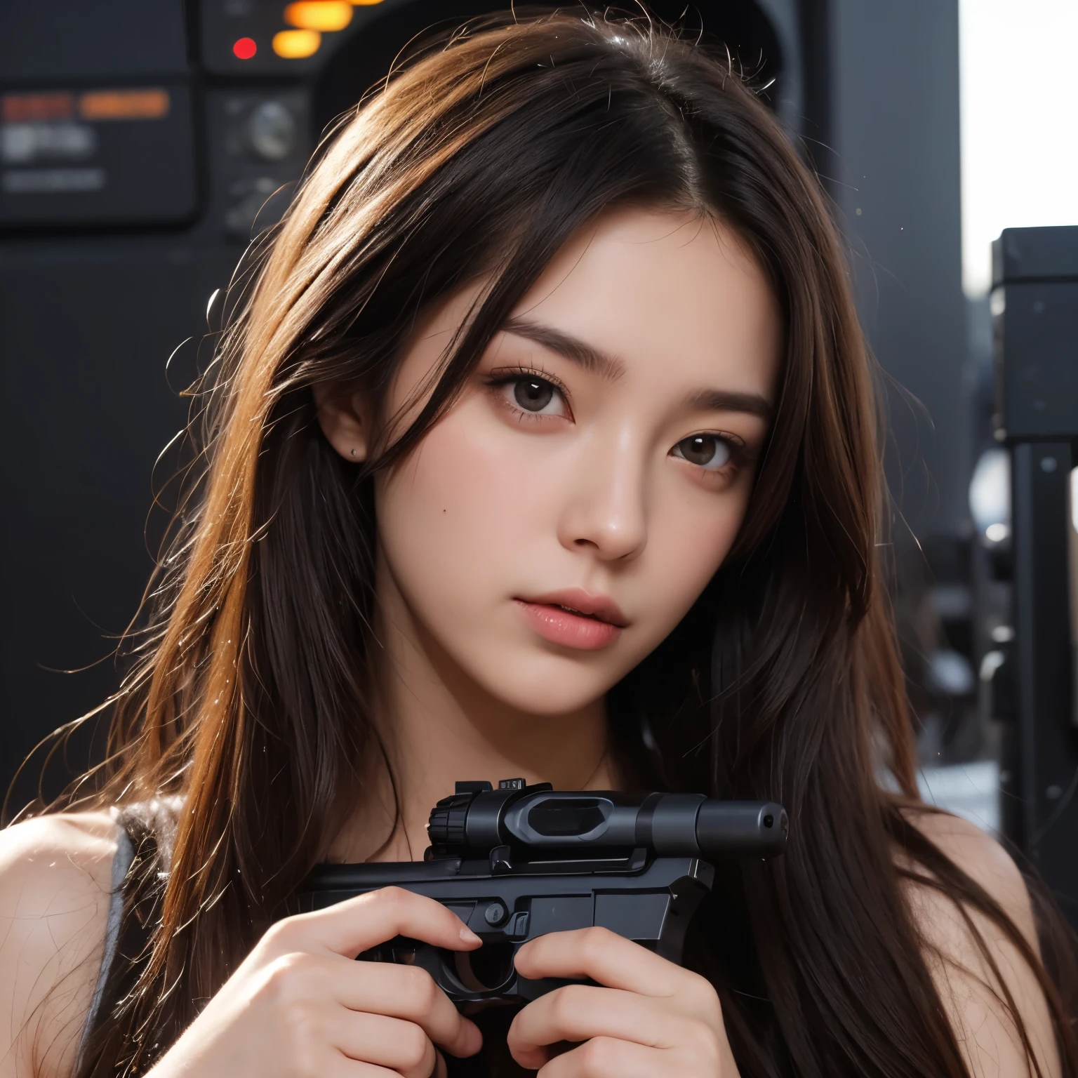 score_9, score_8_up, score_7_up,
The image captures a scene in a subterranean crystal palace, where a sexy Asian young woman is holding a handgun. The atmosphere is contemplative, with a mysterious mood enhanced by the setting. In the background, a beast or monster is featured, with a headshot and slashing talons adding to the intensity. The woman’s windswept hair and the film grain texture, combined with an analog photography aesthetic, contribute to the visual storytelling. The dynamic composition is engaging, with the woman looking directly at the viewer, creating a sense of eye contact and involvement.