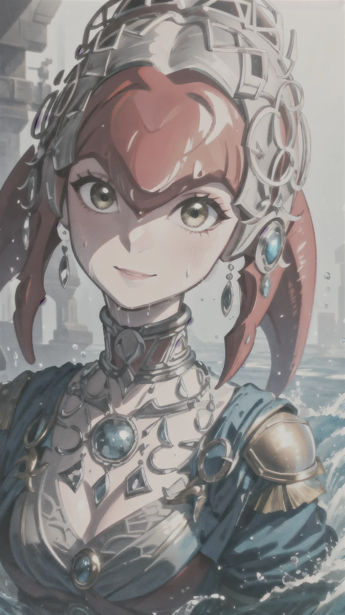  1 girl,Alone,Mipha, watching viewers、waterの螺旋を操る、 bright lighting , gentle smile, Flapping clothes  ,water, wet, face up to hairstyle,botw