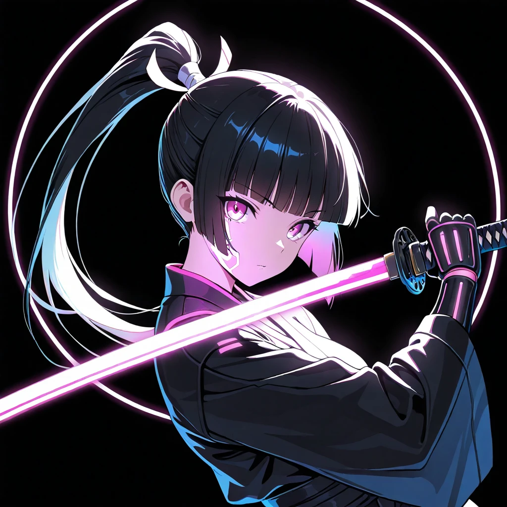 masterpiece,  top quality ,   great quality,  character focus,  minimalist,  Side Angle ,  upper body, hime cut,  Ponytail Hair, cybernetic ,  female samurai, I have Katana, pose, dynamic angle ,  focus on face ,  watching viewers, Backlight,  one side light ,round background ,   with blue neon light,  black background