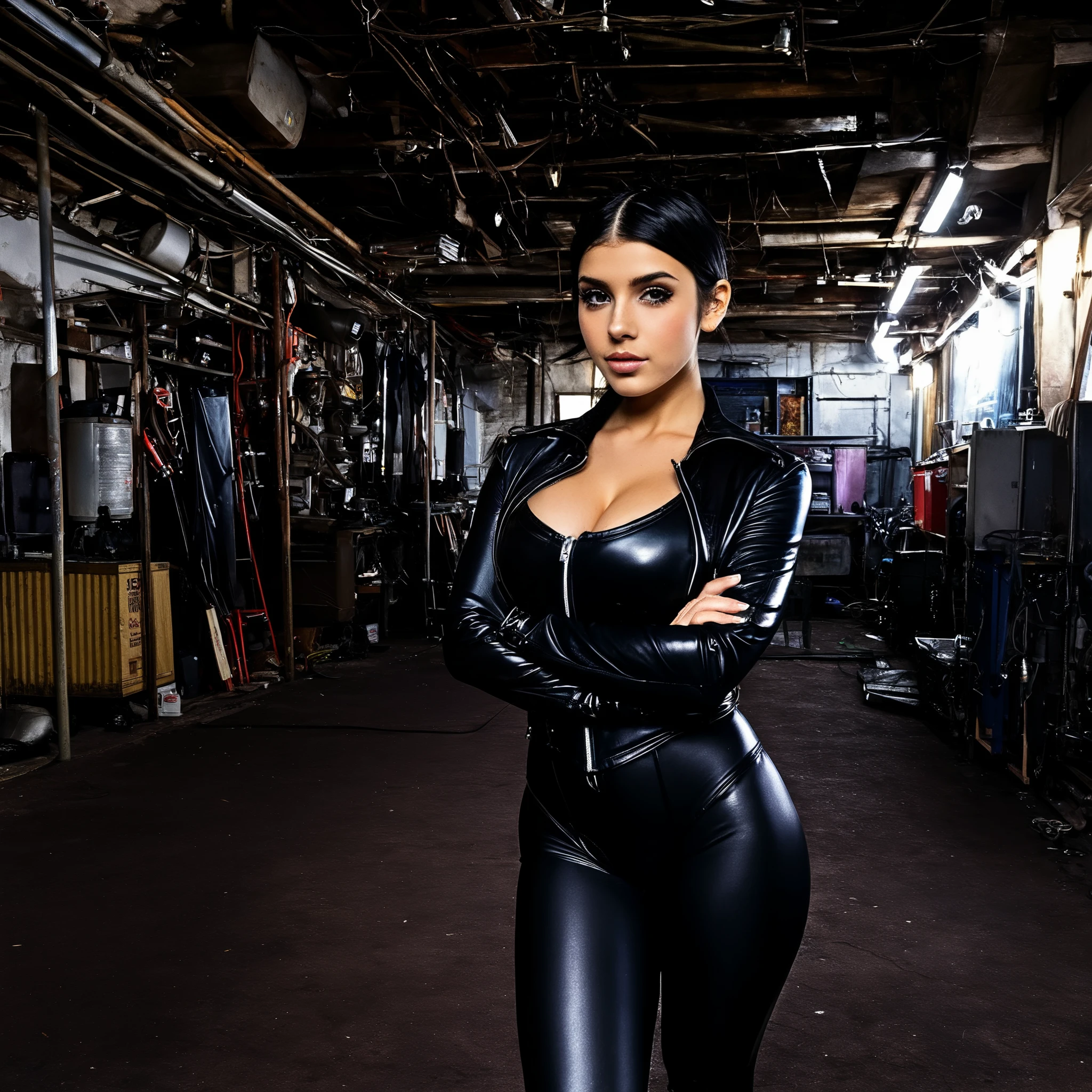 Stable_Yogis_PDXL_Positives
score_9, score_8_up, score_7_up, score_6_up, 1girl, solo, short black hair, wearing a black leather jacket over a tight black bodysuit with a zipper slightly pulled down, large breasts subtly emphasized, paired with black boots and gloves, standing with one leg slightly forward, arms crossed, looking confidently at the viewer, blush, indoors, dramatic lighting, urban-style background, edgy and stylish vibe