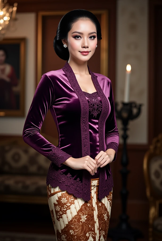 a beautiful young beautiful woman playfully dancing perform in an indoor setting. She is wearing an intricate dark purple glossy satin kebaya with lace embroidery patterns along the front and sleeves, paired with a traditional brown and cream batik thigh skirt with complex floral and geometric designs. Her hair is styled in a neat and polished low bun with a center part, and she has a calm. The background consists of a luxury room atmosphere. The overall image has realistic detailing, soft shadows, and vibrant color contrast.
