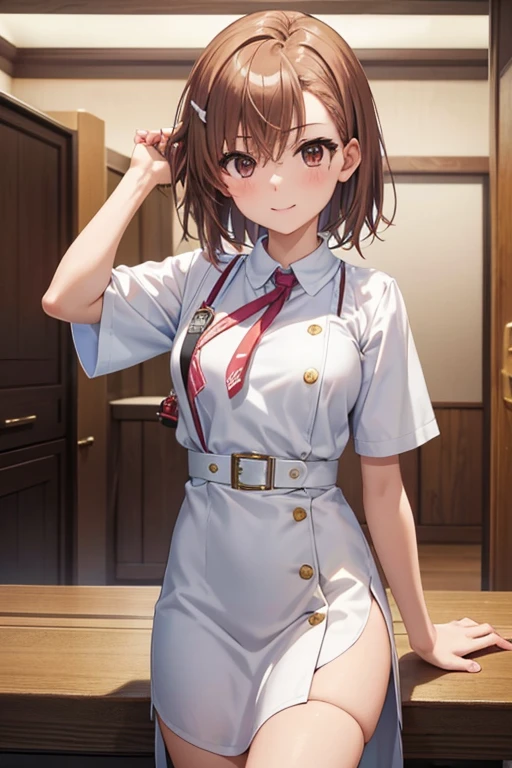 misaka mikoto、 shiny hair,  short hair, ( beautiful brown eyes、)、smile、 super detailed eyes、((hair clip)), highly detailed faces being avenged,  highly detailed eyes ,cowboy shot,、( One Girl )、 ,Master Piece,  top quality ,  high res, masterpiece , 





 top quality 、masterpiece、High sensitivity、 high res、  detailed description  、 slender woman 、、Summer clothes、 turn your arm back 、