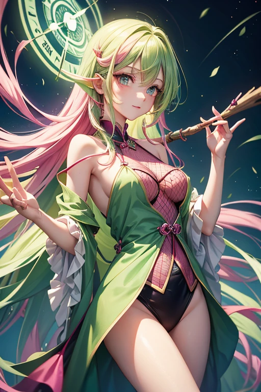 prismatic coloration, holographic environment, young girl, black skin, African-American, Beautiful, elven ears, Serious expression, ponytails, leaf green hair, Heterochromia with deep green & Gold eyes, C-cup, lithe, fit, Modest-attire, full-body, slender legs, beautiful eyes, freckles, leaf green eyebrows, Cute butt, (long straight prismatic Demon horns:1.2), wielding magic wand, Battle stance, grassy aura, mystic black-Green cloak with Golden Floral designs
