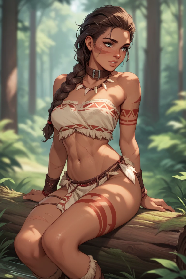 A gentle attractive woman of wolfman tribe dressed in revealing tribal furs, spear in right hand, standing in the middle of an old forest.