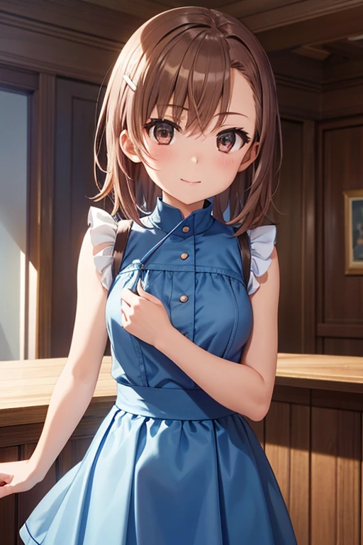 misaka mikoto、 shiny hair,  short hair, ( beautiful brown eyes、)、smile、 super detailed eyes、((hair clip)), highly detailed faces being avenged,  highly detailed eyes ,cowboy shot,、( One Girl )、 ,Master Piece,  top quality ,  high res, masterpiece , 





 top quality 、masterpiece、High sensitivity、 high res、  detailed description  、 slender woman 、white panty、blue mini dress、 turn your arm back 、