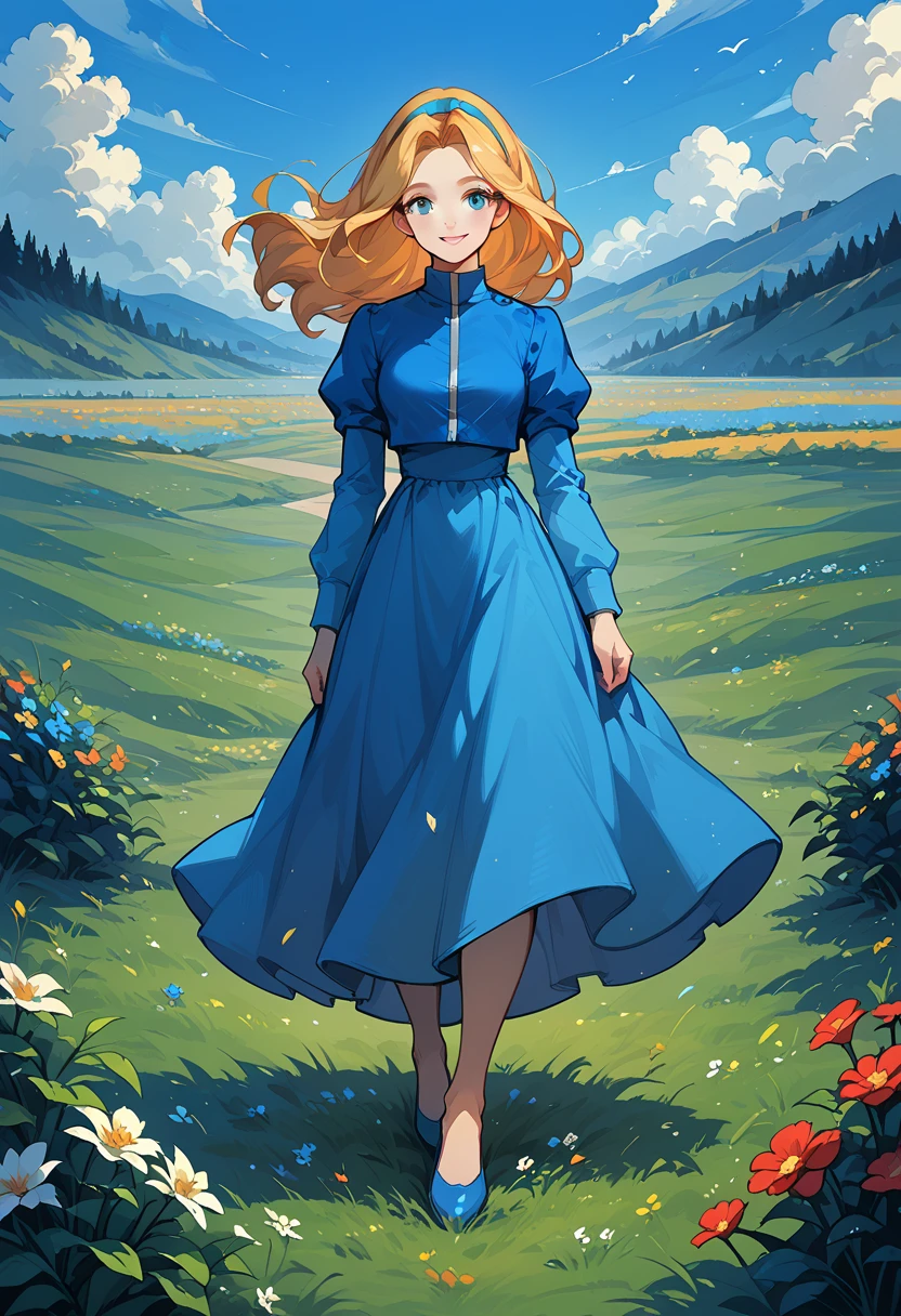 score_9, score_8_up, score_7_up, 1girl, solo, unifiedmaria, Maria Robotnik, smile, blue dress, blue shoes, outdoors, field of flowers, full body shot